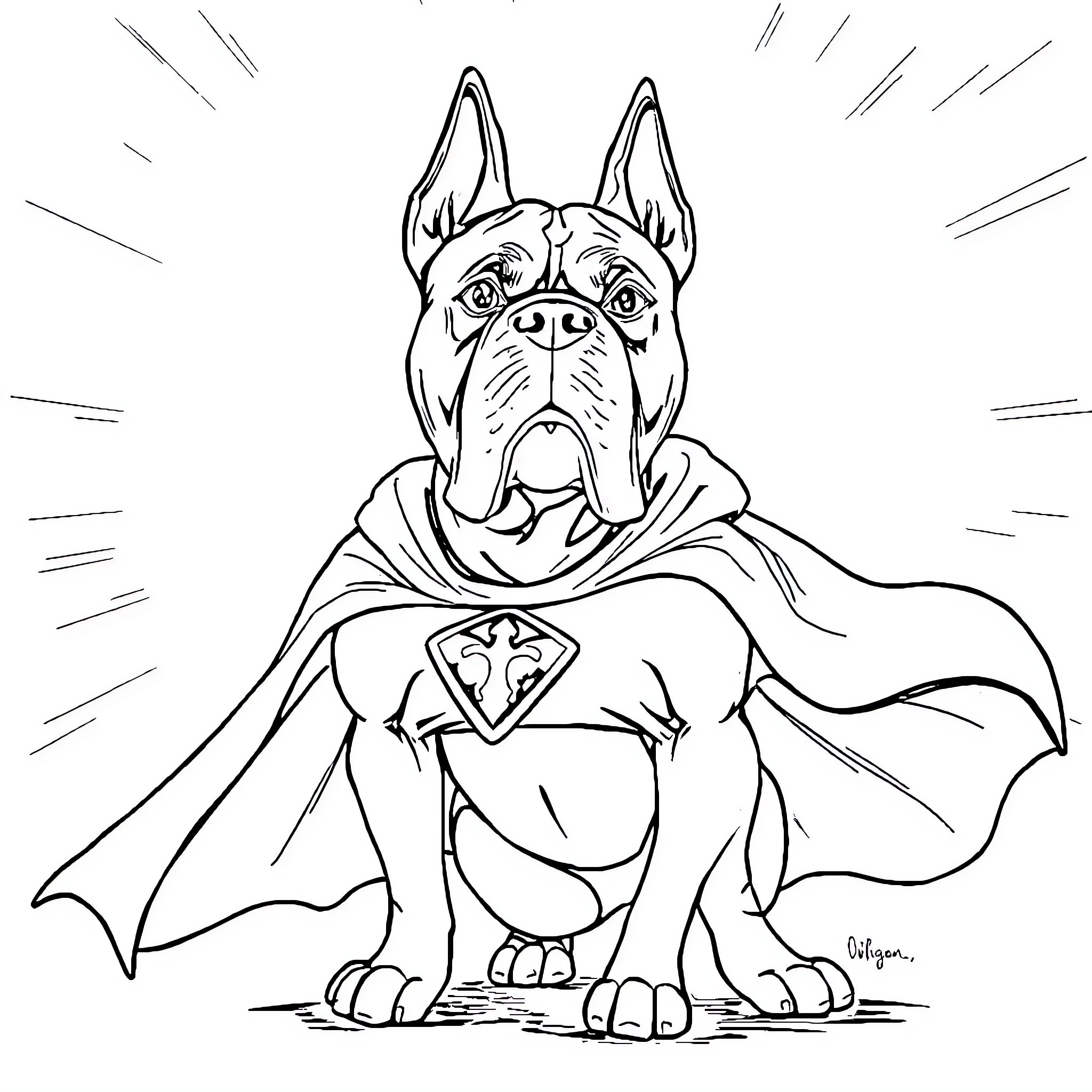 Dog de Bordeaux in superhero costume Coloring Page (free black-and-white line drawing printable PDF for all, from beginners to advanced learners, including children, teens, adults, and seniors)