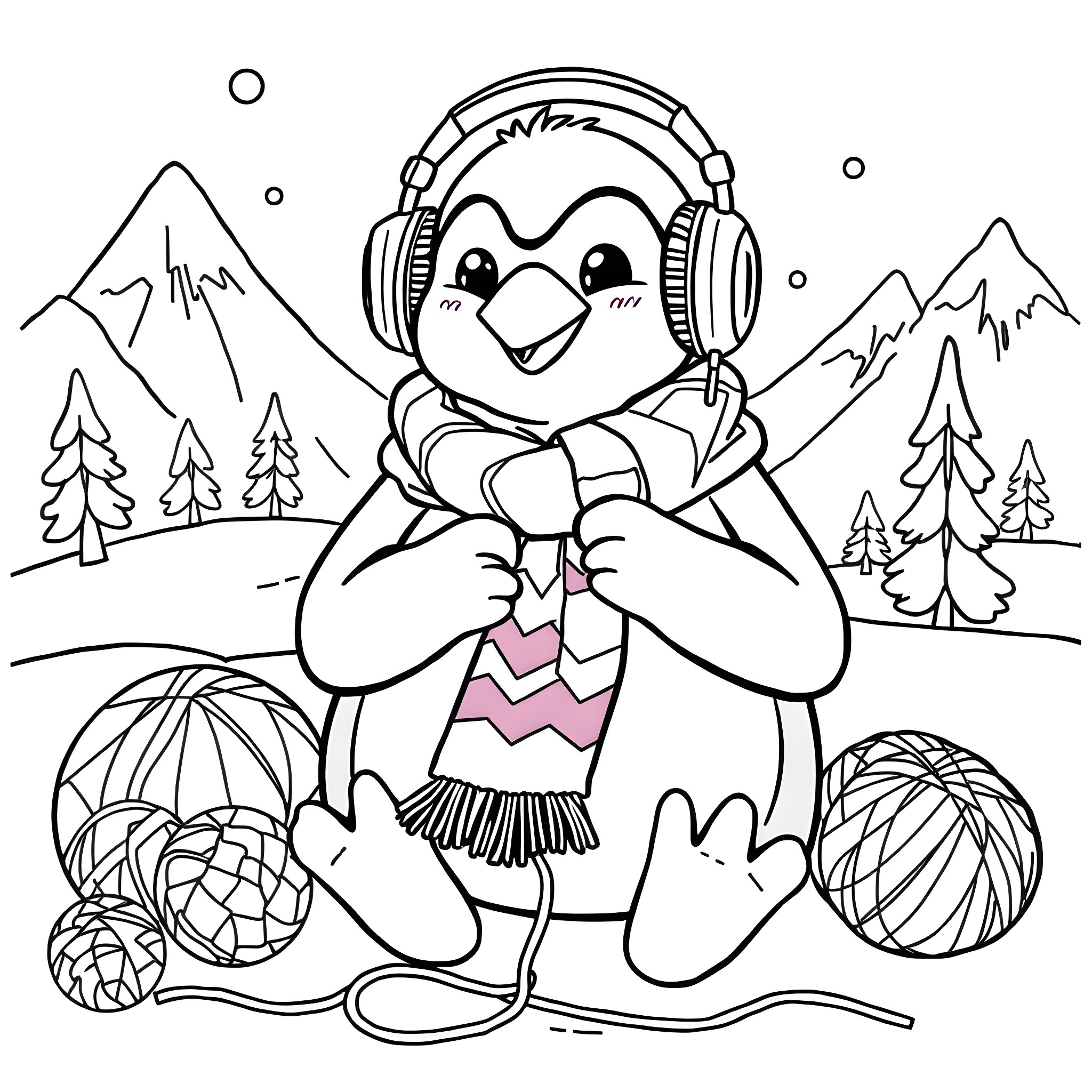 Penguin enjoying music in the snowy mountains Coloring Page (free black-and-white line drawing printable PDF for all, from beginners to advanced learners, including children, teens, adults, and seniors)
