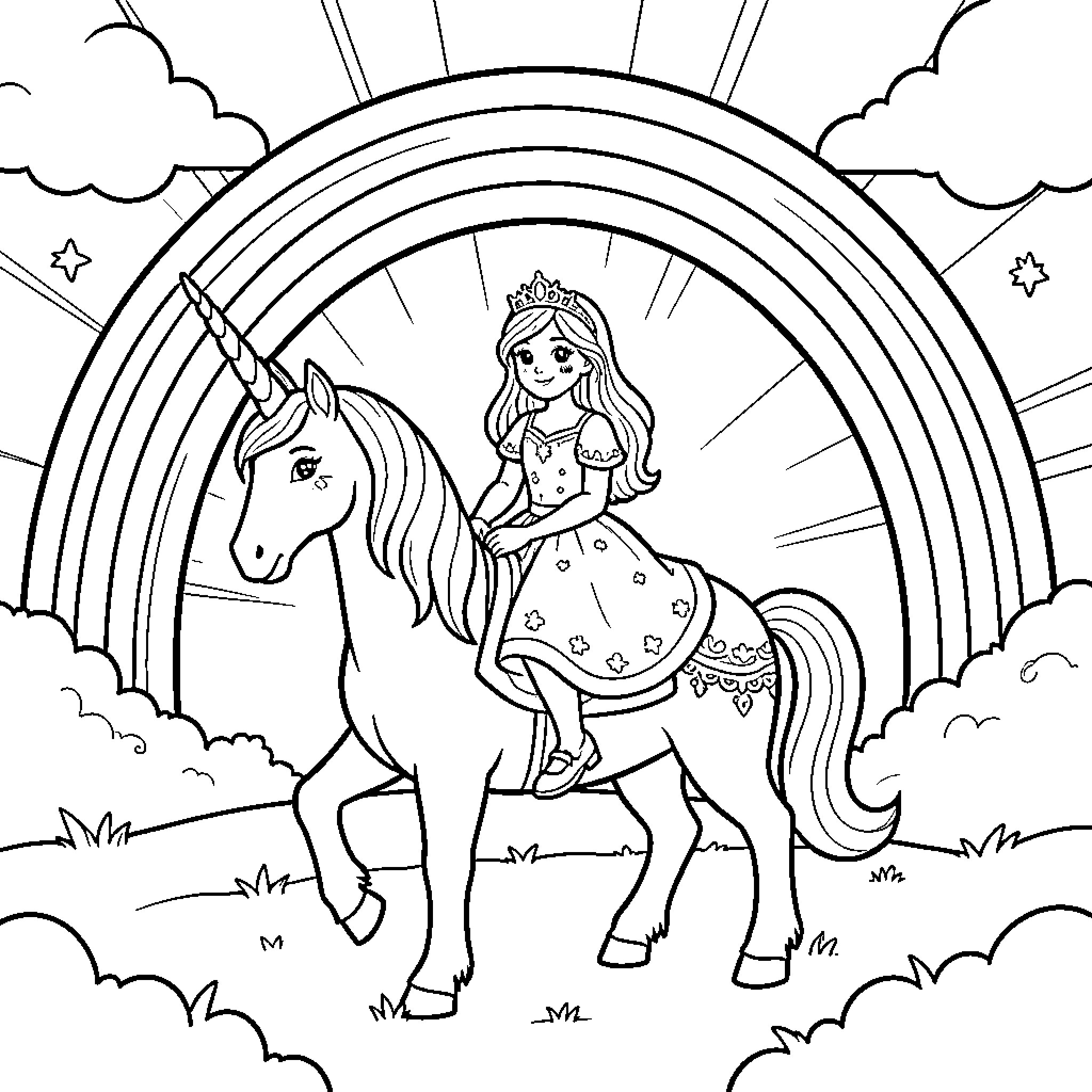 Princess riding a unicorn under a large rainbow Coloring Page (free black-and-white line drawing printable PDF for all, from beginners to advanced learners, including children, teens, adults, and seniors)