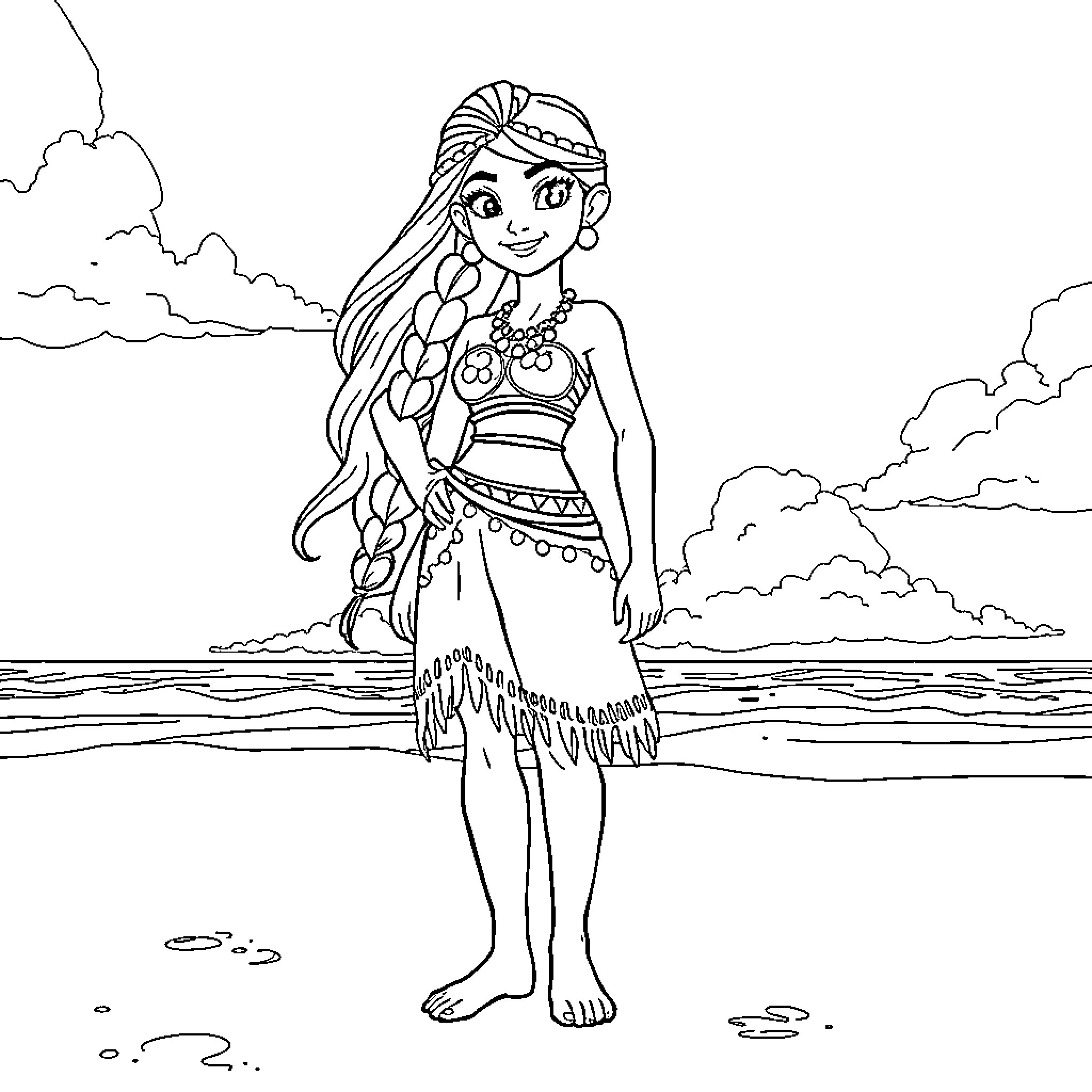 Vaiana exploring the ocean in traditional attire Coloring Page (free black-and-white line drawing printable PDF for all, from beginners to advanced learners, including children, teens, adults, and seniors)