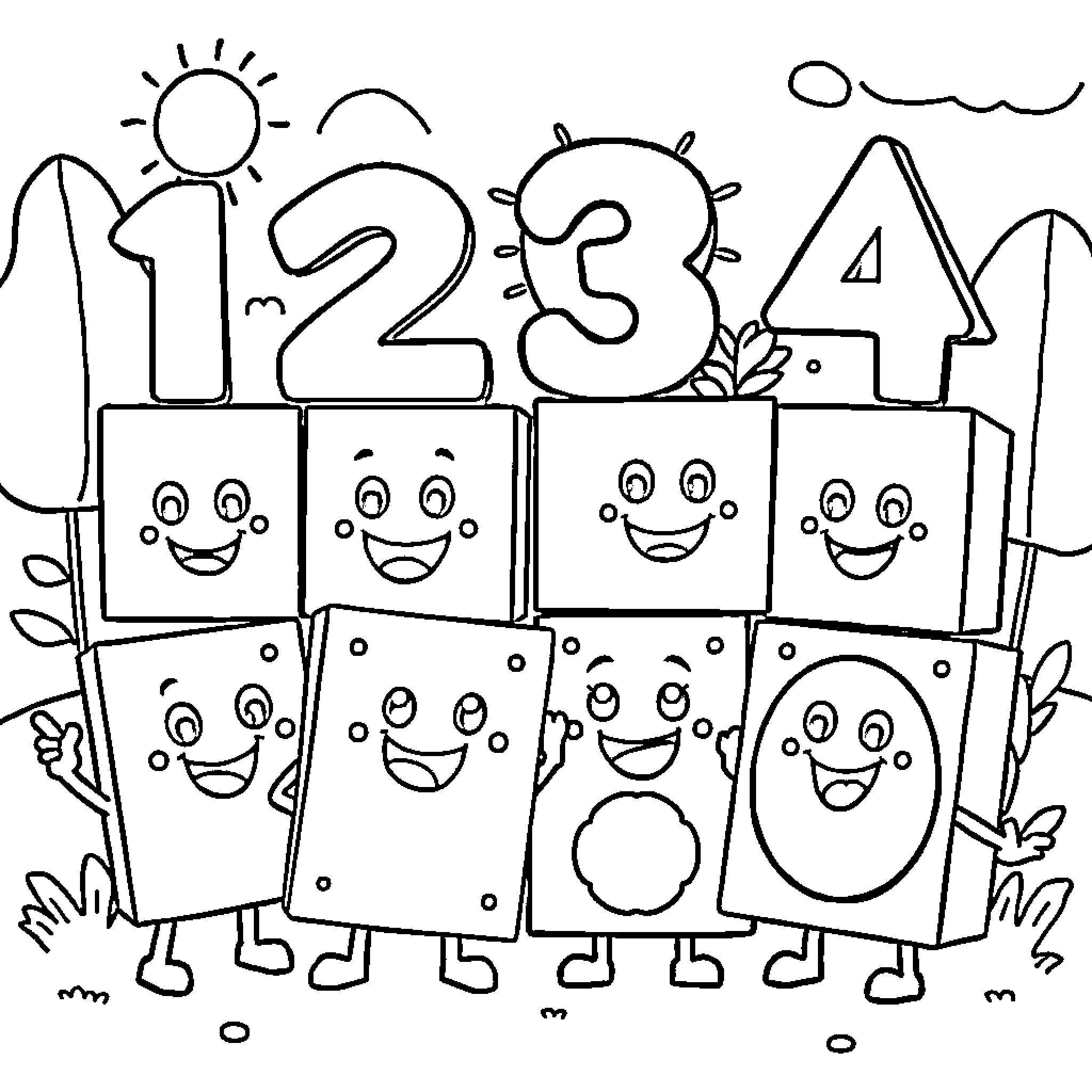 Numberblocks playing happily together Coloring Page (free black-and-white line drawing printable PDF for all, from beginners to advanced learners, including children, teens, adults, and seniors)