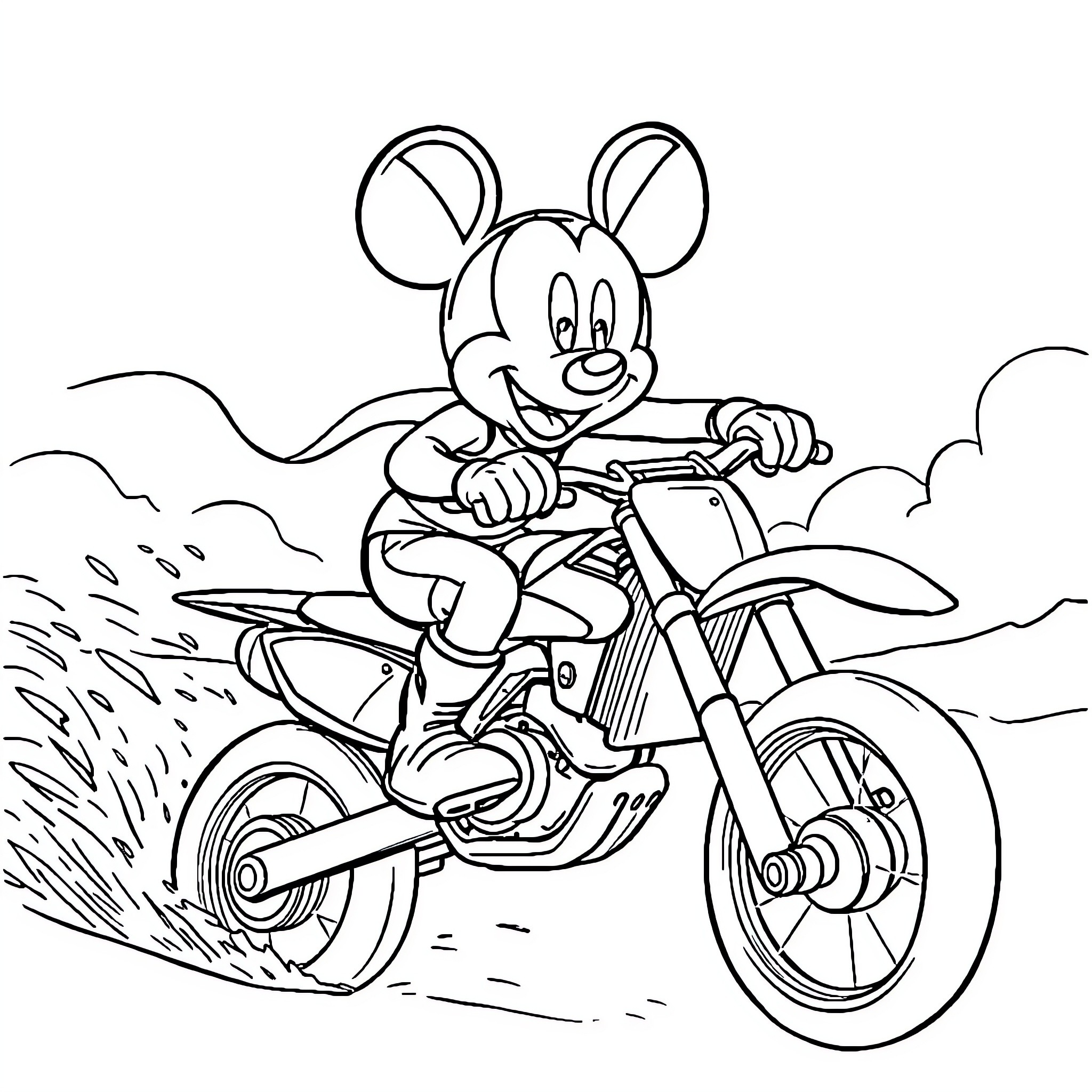 Mickey riding a motorcycle across the countryside Coloring Page (free black-and-white line drawing printable PDF for all, from beginners to advanced learners, including children, teens, adults, and seniors)