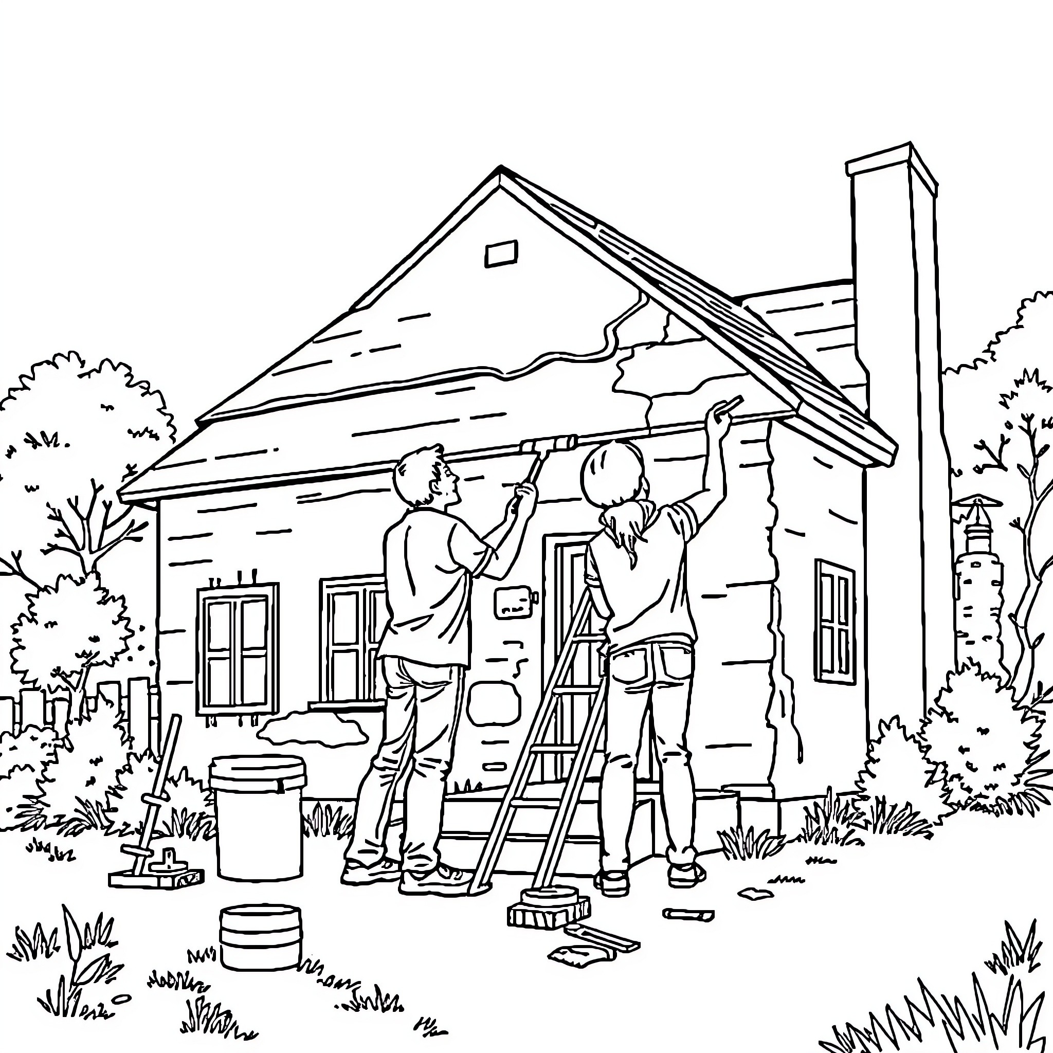 Couple working on home renovation project Coloring Page (free black-and-white line drawing printable PDF for all, from beginners to advanced learners, including children, teens, adults, and seniors)