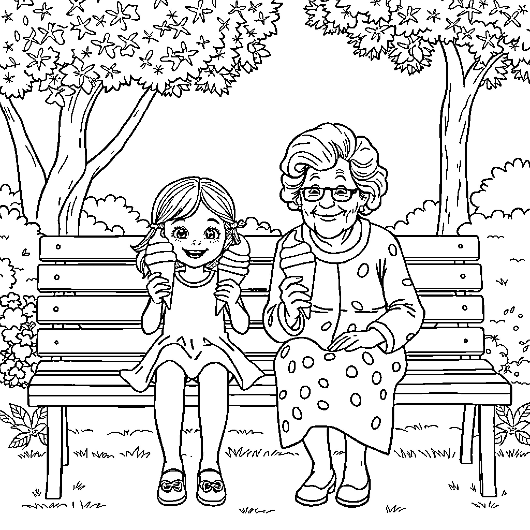 Girl and grandmother sitting on a park bench Coloring Page (free black-and-white line drawing printable PDF for all, from beginners to advanced learners, including children, teens, adults, and seniors)