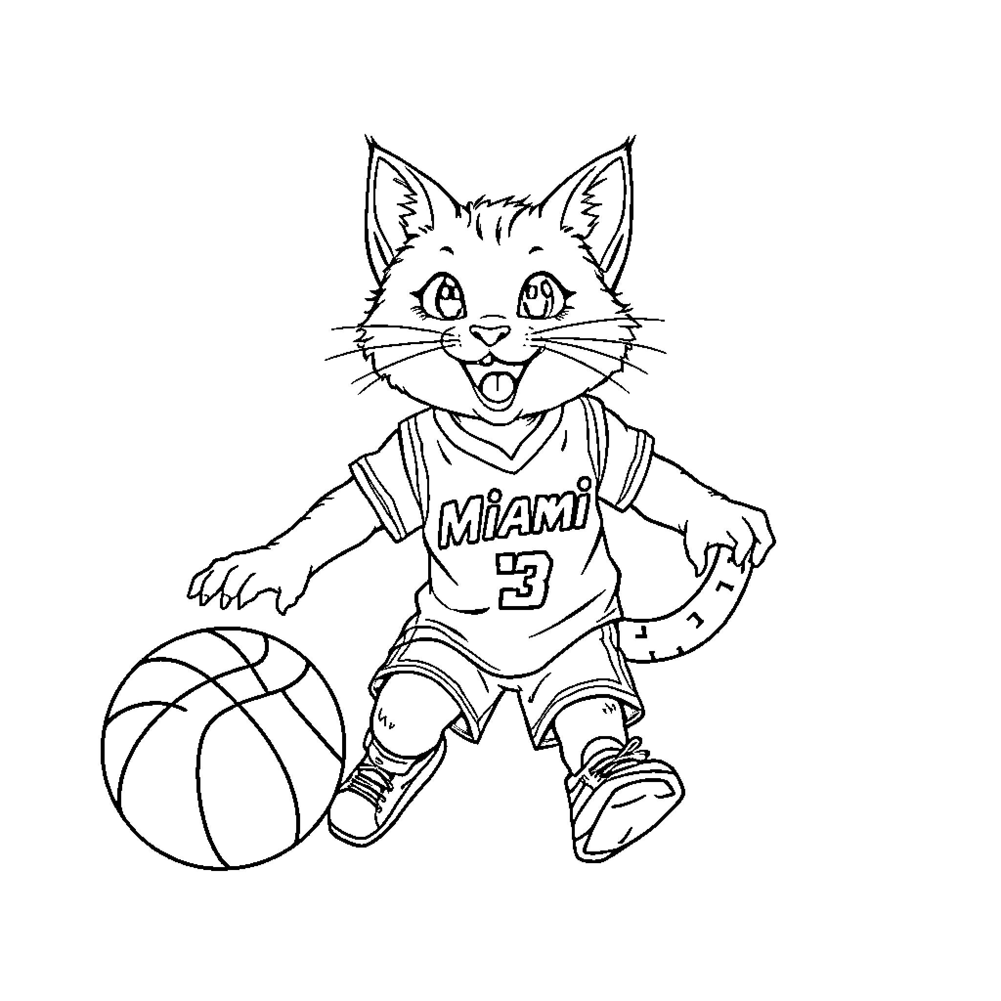 Cat playing basketball in Miami jersey Coloring Page (free black-and-white line drawing printable PDF for all, from beginners to advanced learners, including children, teens, adults, and seniors)