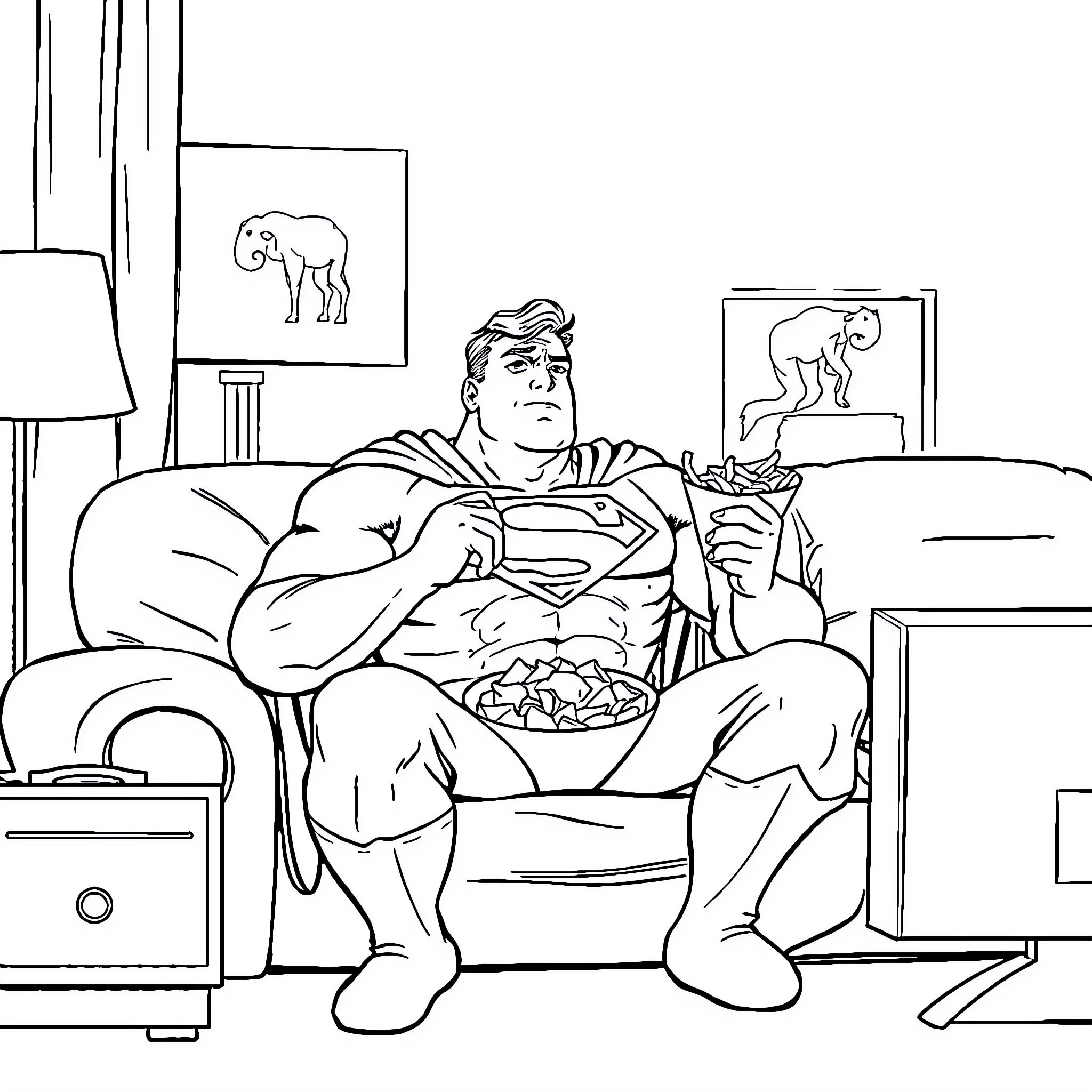 Superman relaxing at home with snacks Coloring Page (free black-and-white line drawing printable PDF for all, from beginners to advanced learners, including children, teens, adults, and seniors)