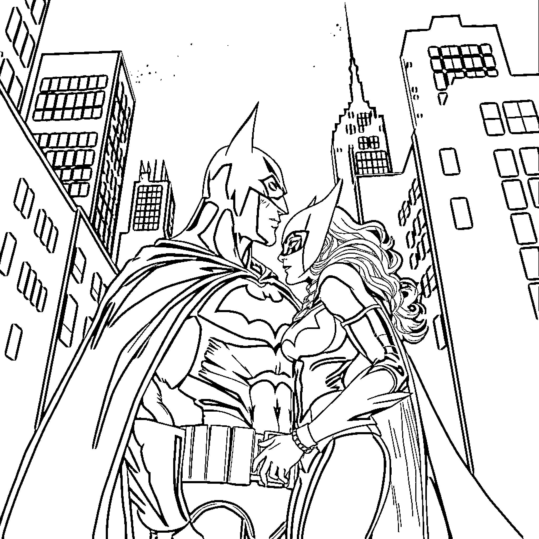 Batman Heroic Pose in Gotham City Coloring Page (free black-and-white line drawing printable PDF for all, from beginners to advanced learners, including children, teens, adults, and seniors)
