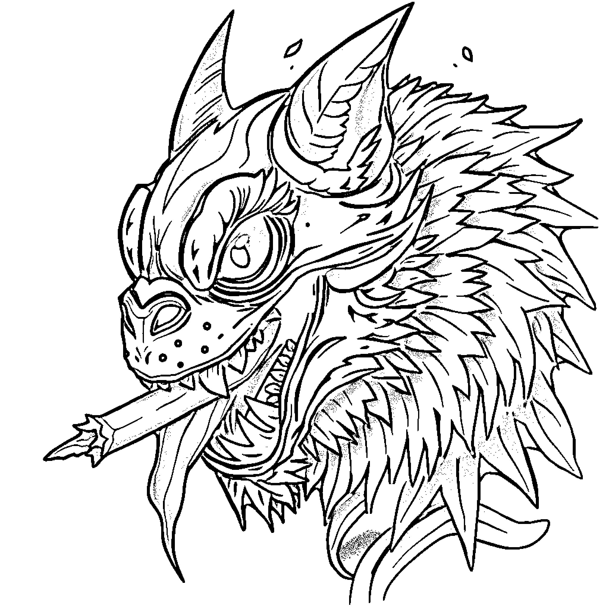 Tattoo of a ferocious fantasy creature Coloring Page (free black-and-white line drawing printable PDF for all, from beginners to advanced learners, including children, teens, adults, and seniors)