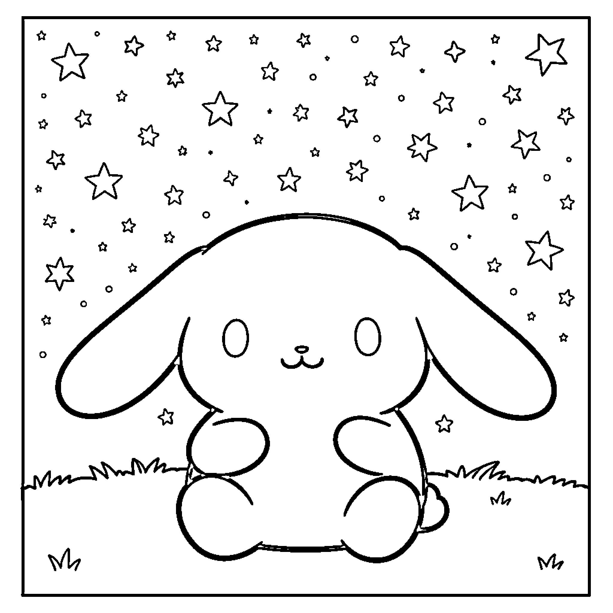 Cinnamoroll under the starry night Coloring Page (free black-and-white line drawing printable PDF for all, from beginners to advanced learners, including children, teens, adults, and seniors)