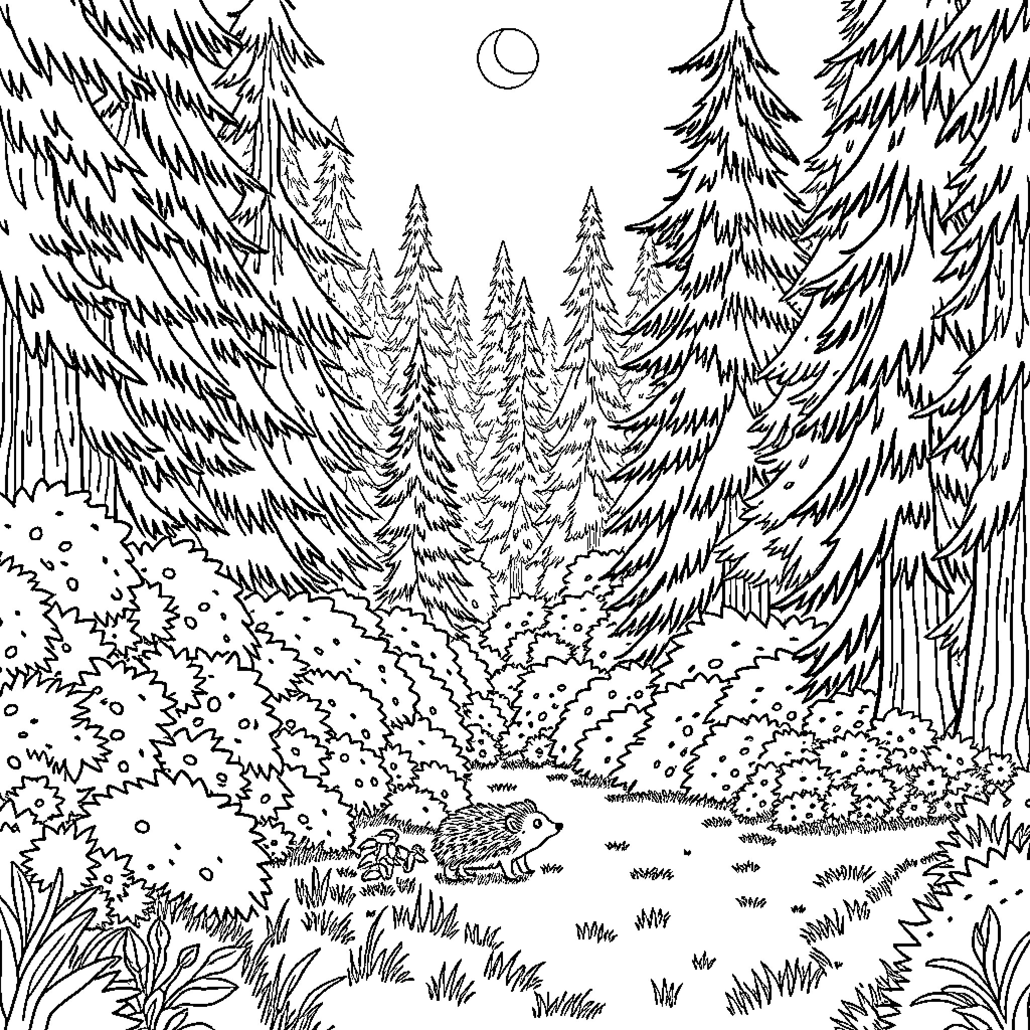 Hedgehog exploring the enchanted forest Coloring Page (free black-and-white line drawing printable PDF for all, from beginners to advanced learners, including children, teens, adults, and seniors)