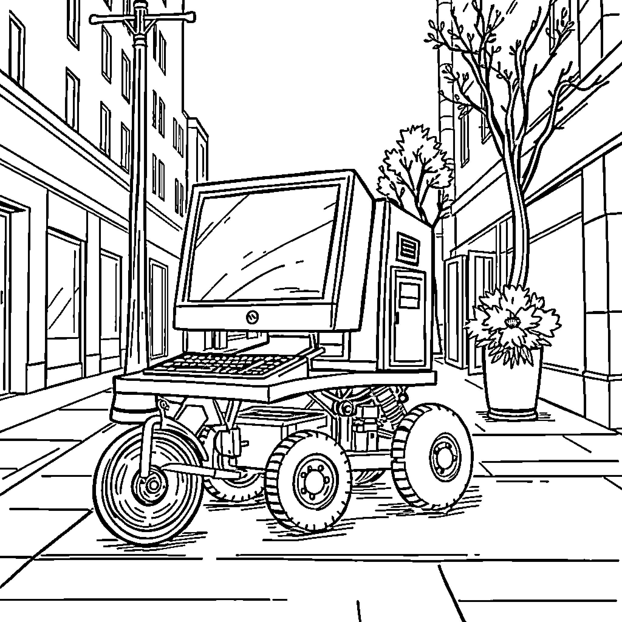Computer mounted on mobile platform in city street Coloring Page (free black-and-white line drawing printable PDF for all, from beginners to advanced learners, including children, teens, adults, and seniors)