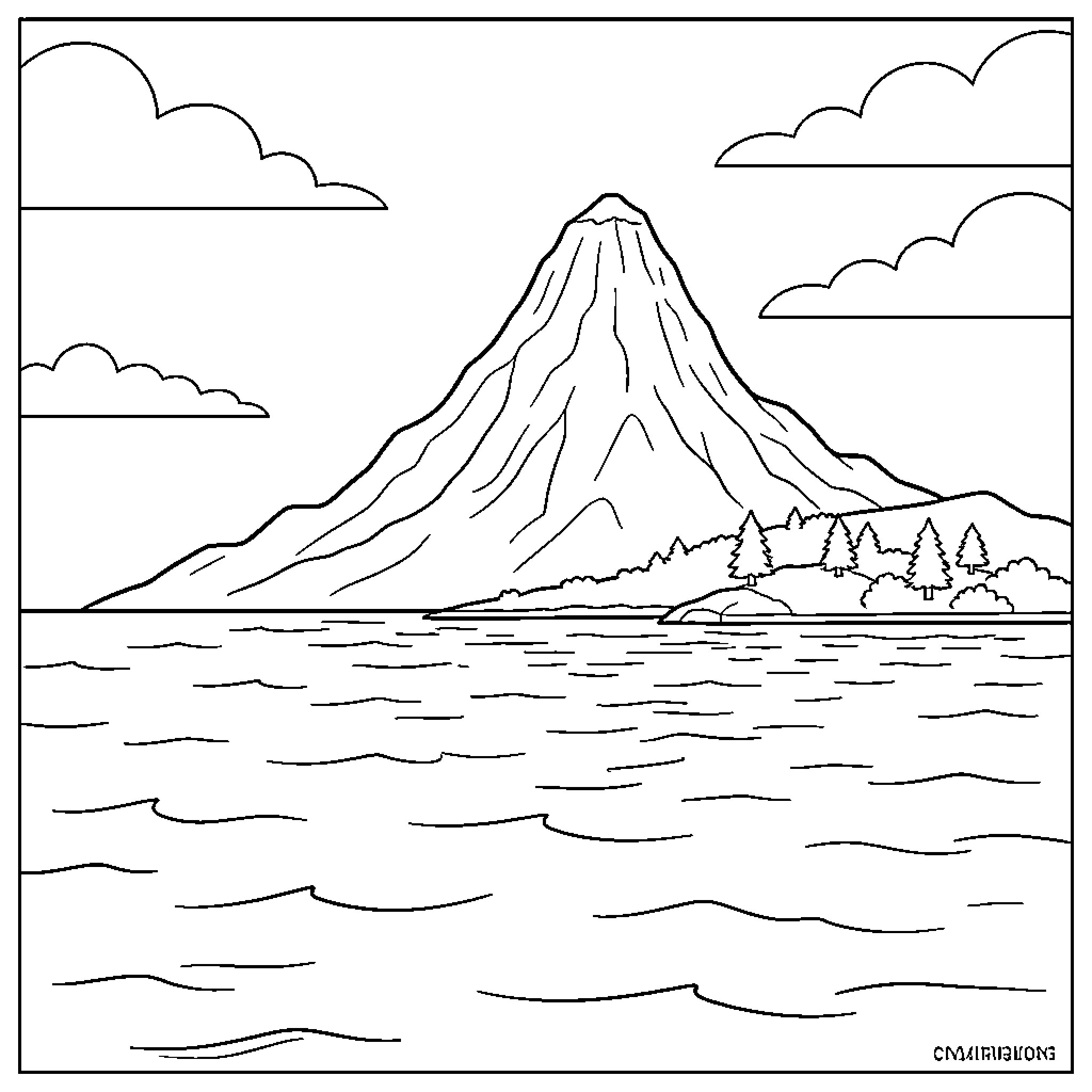 Sea waves rippling in front of a mountain Coloring Page (free black-and-white line drawing printable PDF for all, from beginners to advanced learners, including children, teens, adults, and seniors)