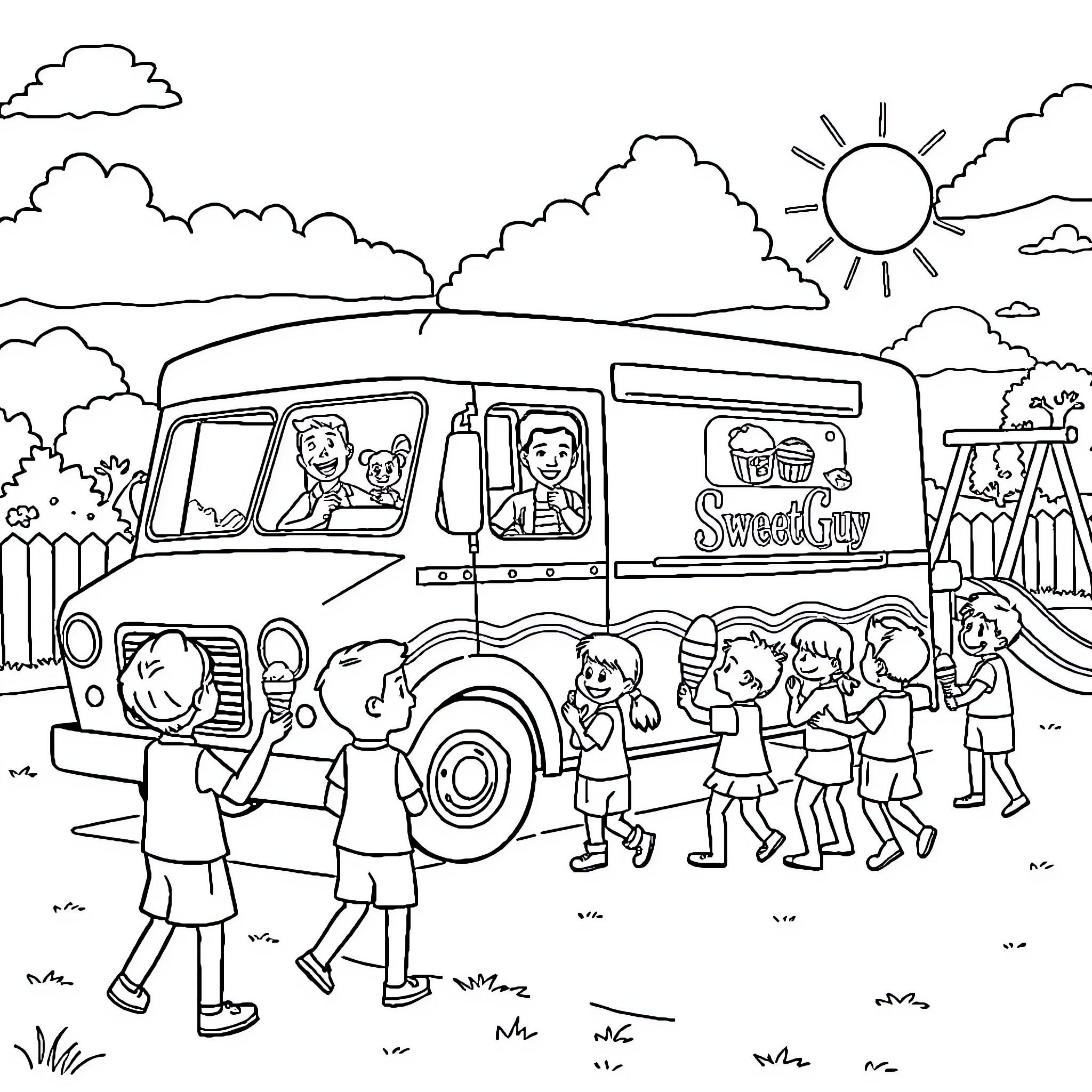 Ice Cream Truck Bringing Treats to Excited Children Coloring Page (free black-and-white line drawing printable PDF for all, from beginners to advanced learners, including children, teens, adults, and seniors)