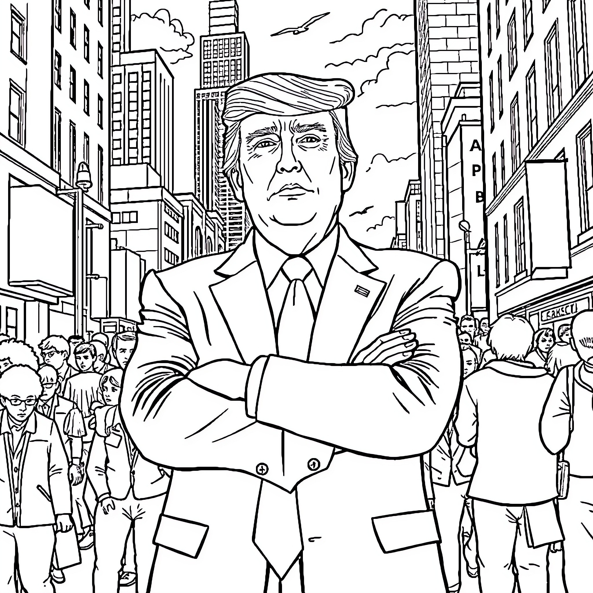 Donald Trump in a business suit in a crowded city Coloring Page (free black-and-white line drawing printable PDF for all, from beginners to advanced learners, including children, teens, adults, and seniors)