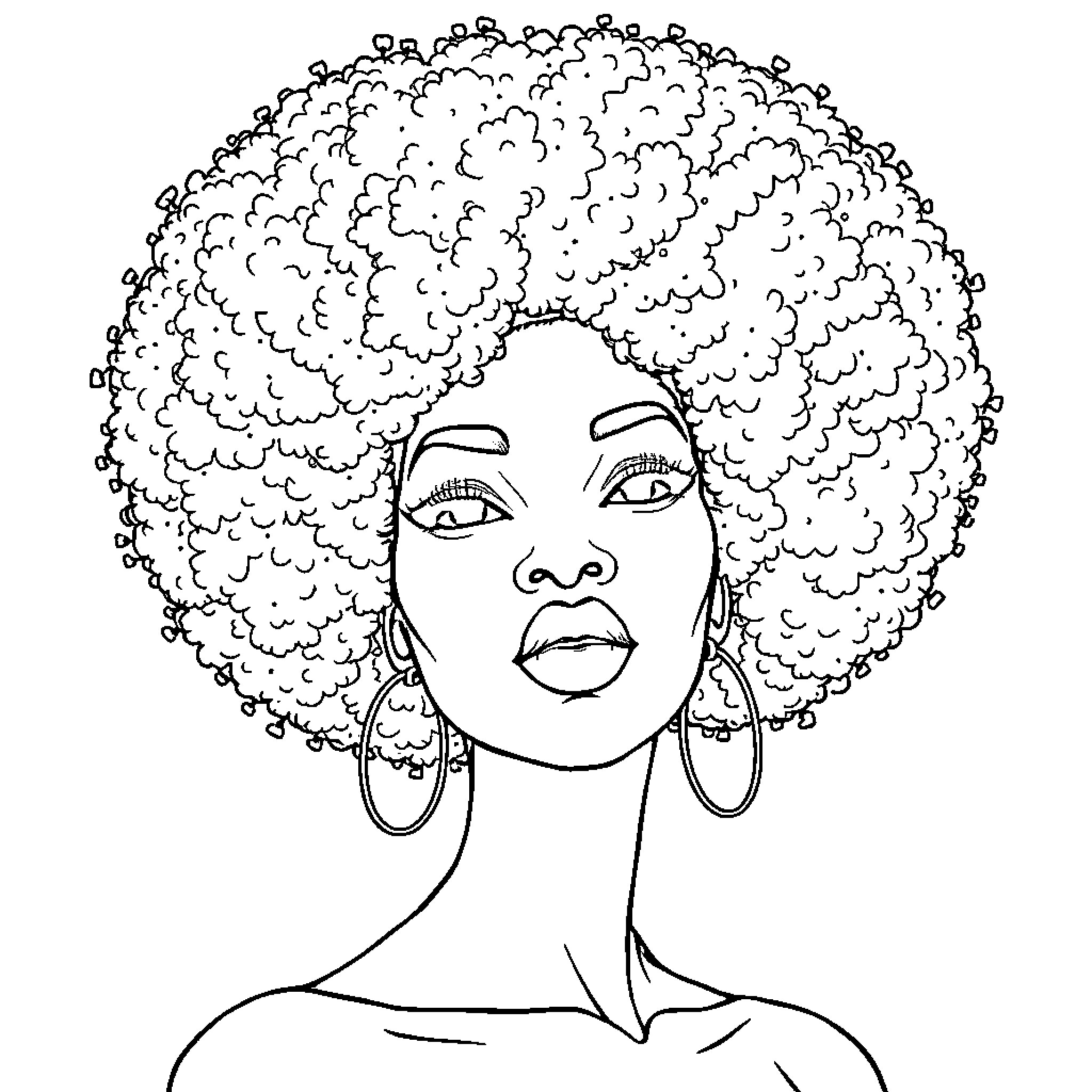 Woman with Voluminous Curly Hair and Earrings Coloring Page (free black-and-white line drawing printable PDF for all, from beginners to advanced learners, including children, teens, adults, and seniors)