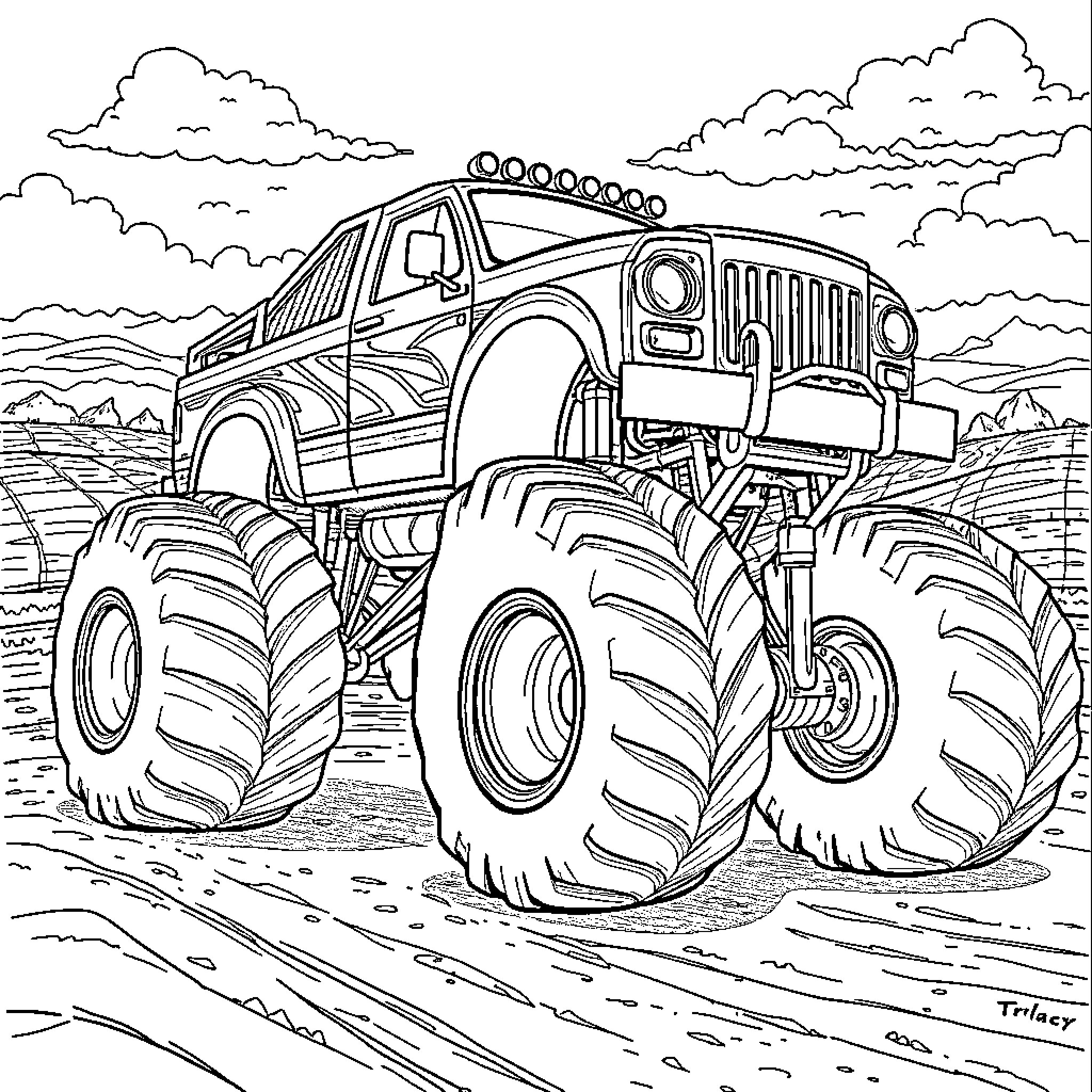 Monster Truck Adventure on Rugged Terrain Coloring Page (free black-and-white line drawing printable PDF for all, from beginners to advanced learners, including children, teens, adults, and seniors)