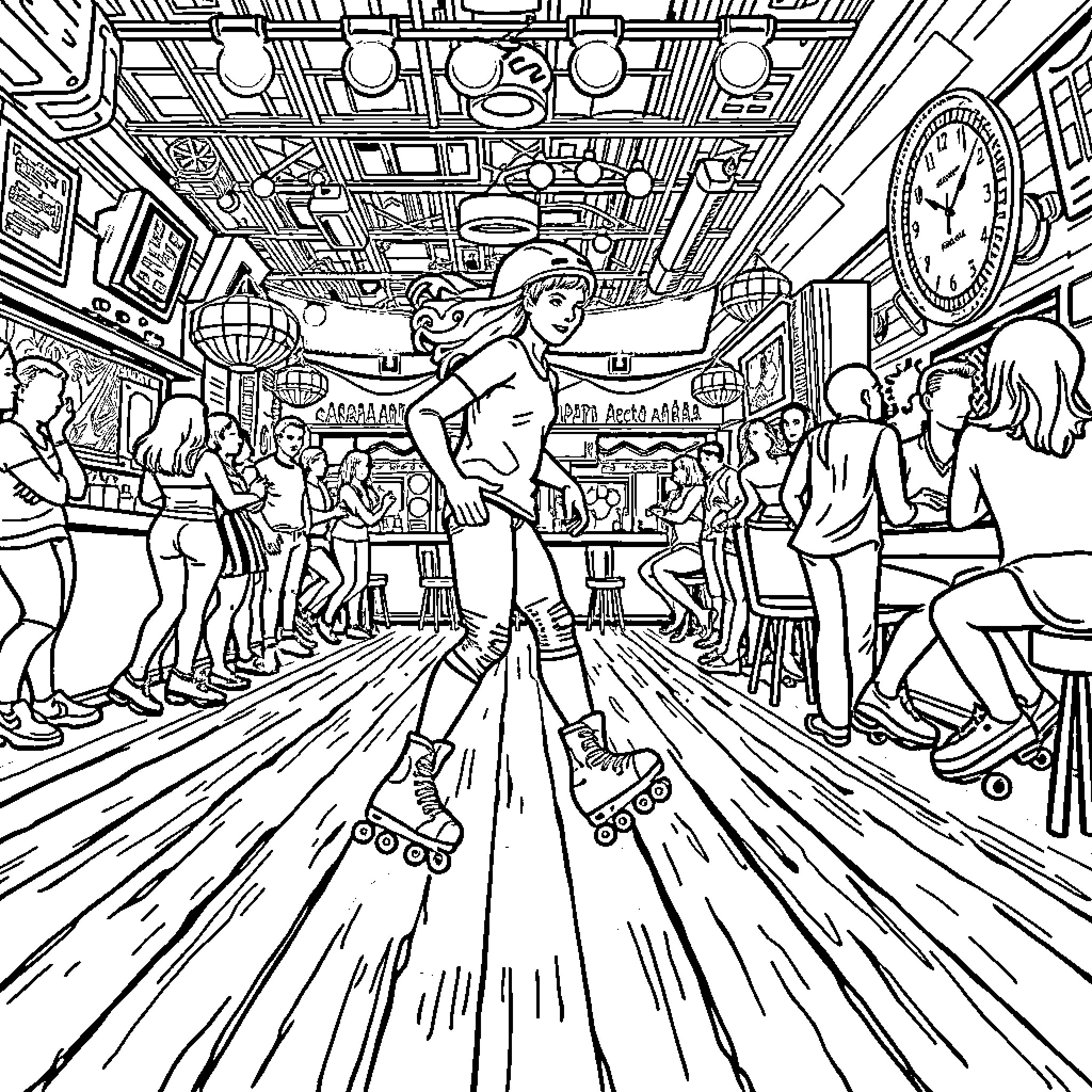 Rollerskater gliding through a lively, crowded scene Coloring Page (free black-and-white line drawing printable PDF for all, from beginners to advanced learners, including children, teens, adults, and seniors)