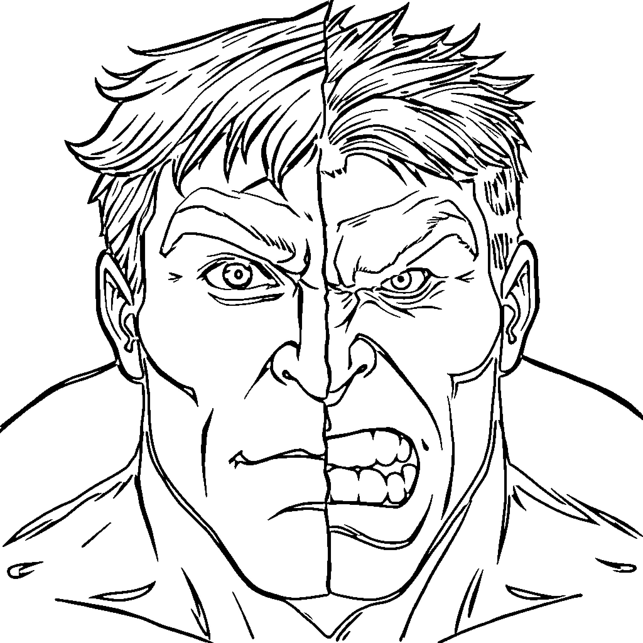 Hulk's Intense Expression and Detailed Costume Coloring Page (free black-and-white line drawing printable PDF for all, from beginners to advanced learners, including children, teens, adults, and seniors)
