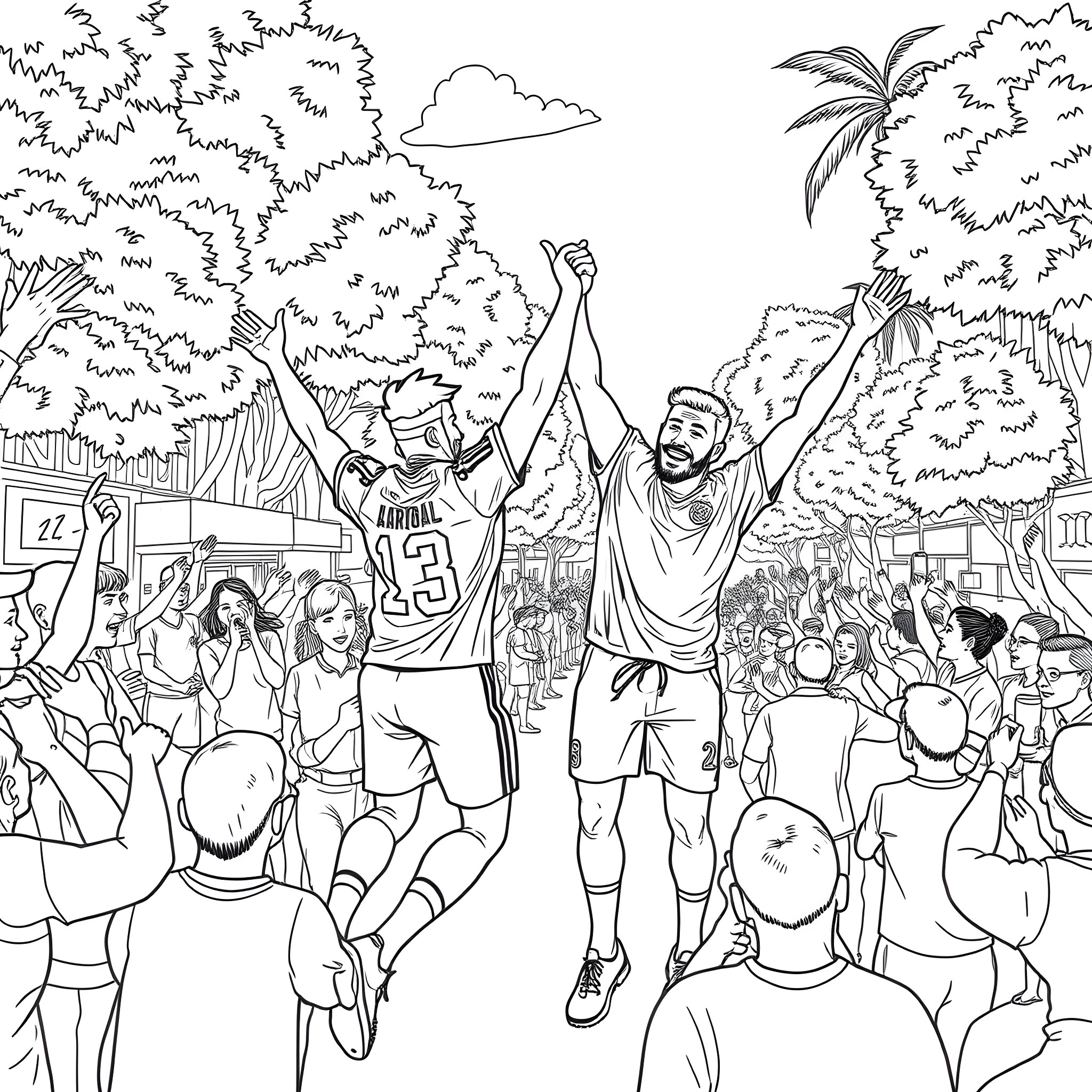 Arrascaeta celebrating with teammates in a lively crowd Coloring Page (free black-and-white line drawing printable PDF for all, from beginners to advanced learners, including children, teens, adults, and seniors)