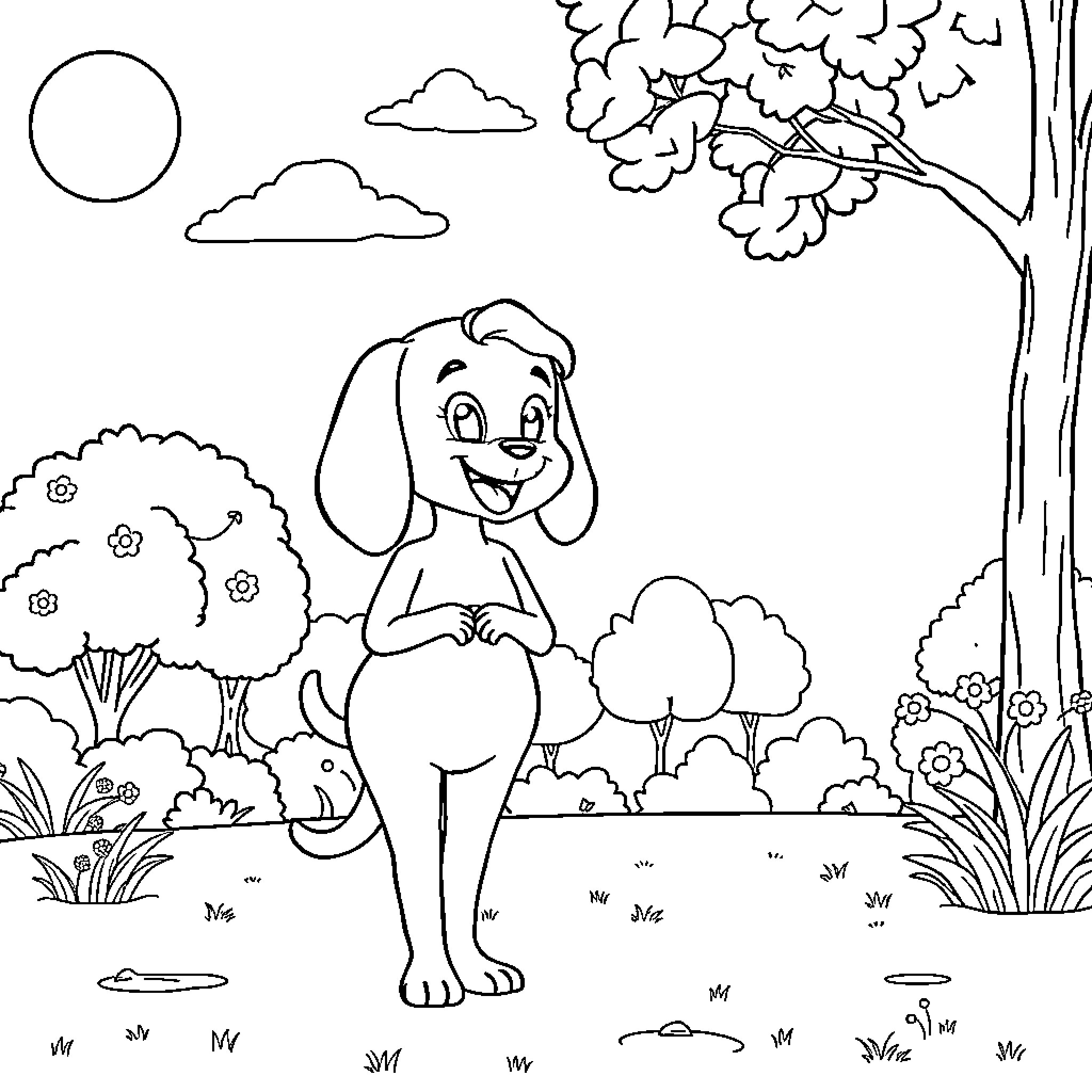 Gaby the happy dog standing in a sunny meadow Coloring Page (free black-and-white line drawing printable PDF for all, from beginners to advanced learners, including children, teens, adults, and seniors)