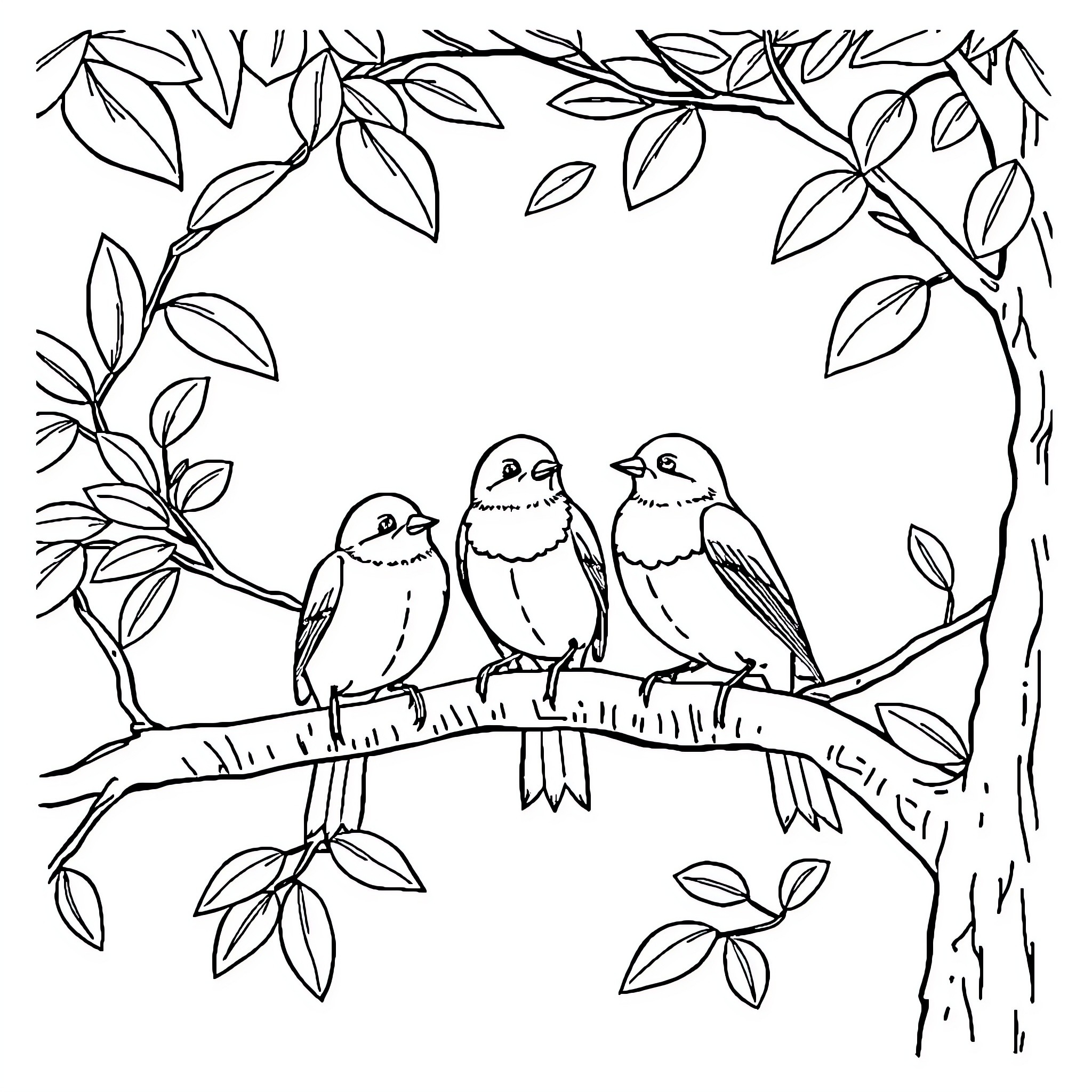 Bird trio perched on branch surrounded by leaves Coloring Page (free black-and-white line drawing printable PDF for all, from beginners to advanced learners, including children, teens, adults, and seniors)