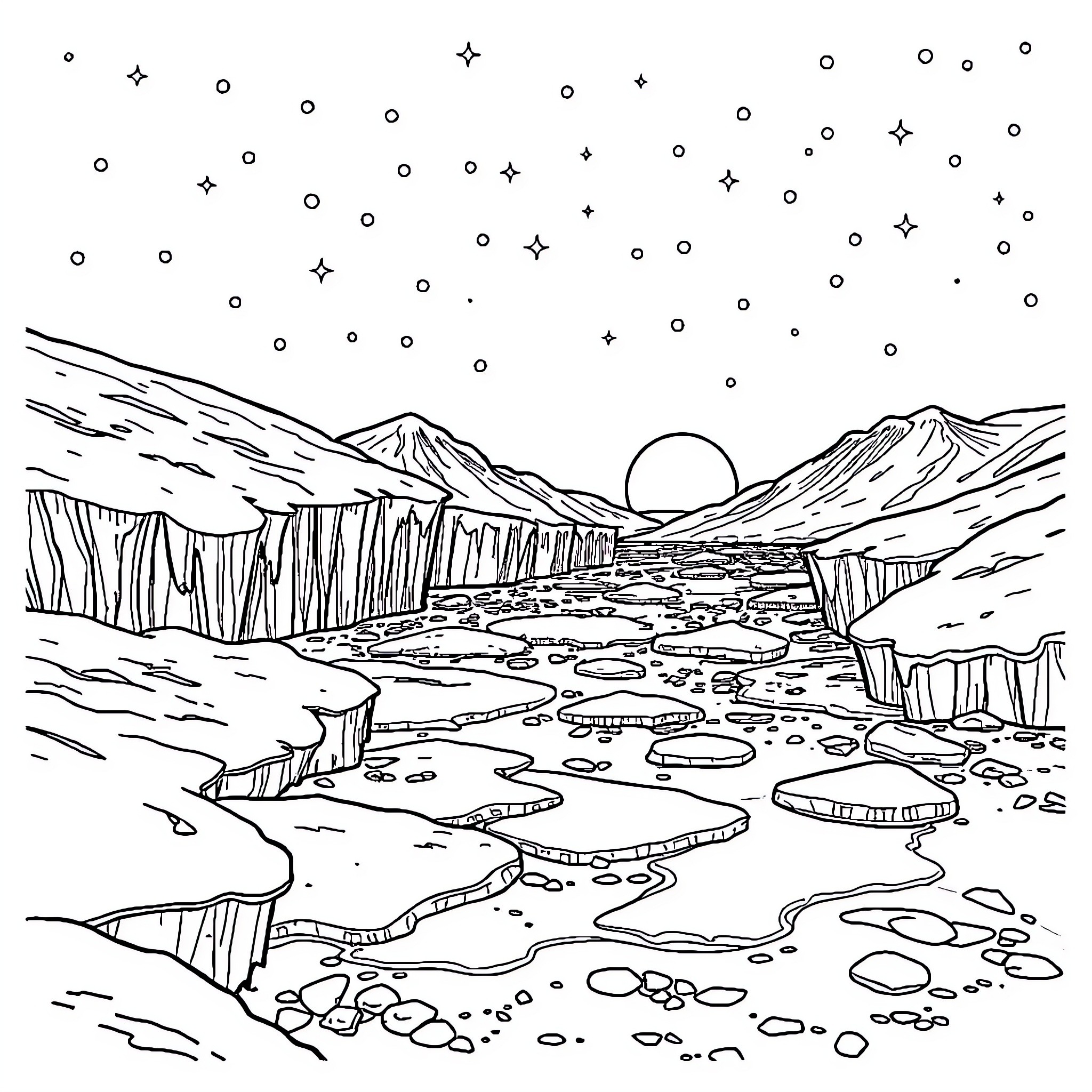 Frozen Landscape with Snowy Mountains and Icy Terrain Coloring Page (free black-and-white line drawing printable PDF for all, from beginners to advanced learners, including children, teens, adults, and seniors)
