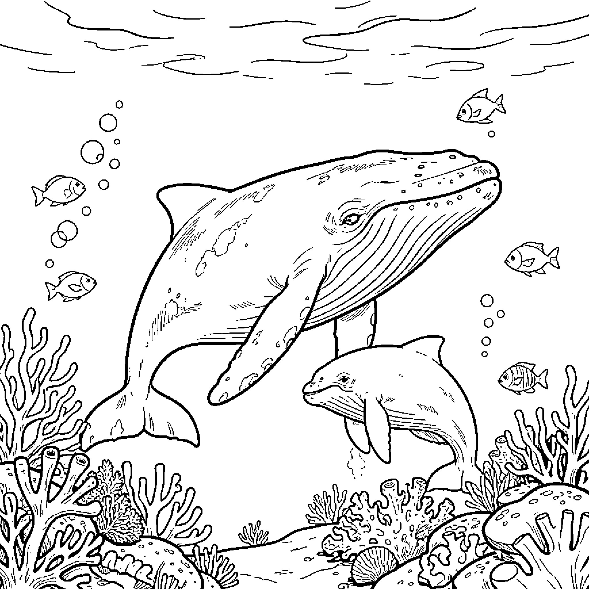 Ballena and calf swimming through a coral reef Coloring Page (free black-and-white line drawing printable PDF for all, from beginners to advanced learners, including children, teens, adults, and seniors)