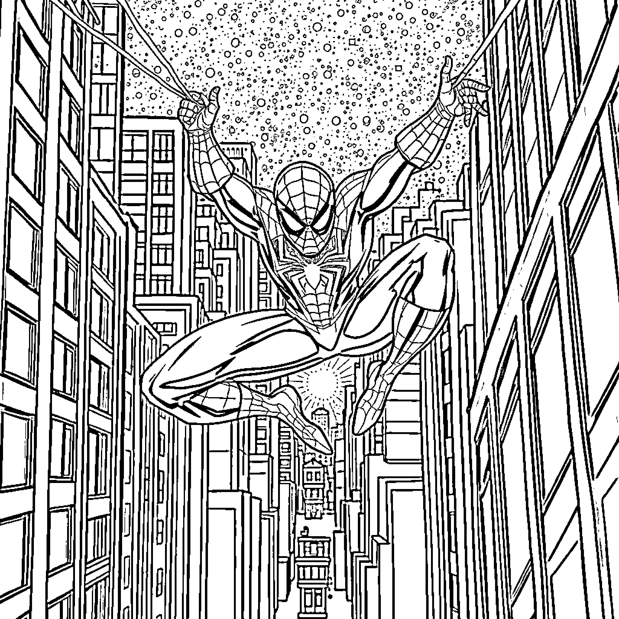 Spider-Man swinging through the city skyline Coloring Page (free black-and-white line drawing printable PDF for all, from beginners to advanced learners, including children, teens, adults, and seniors)