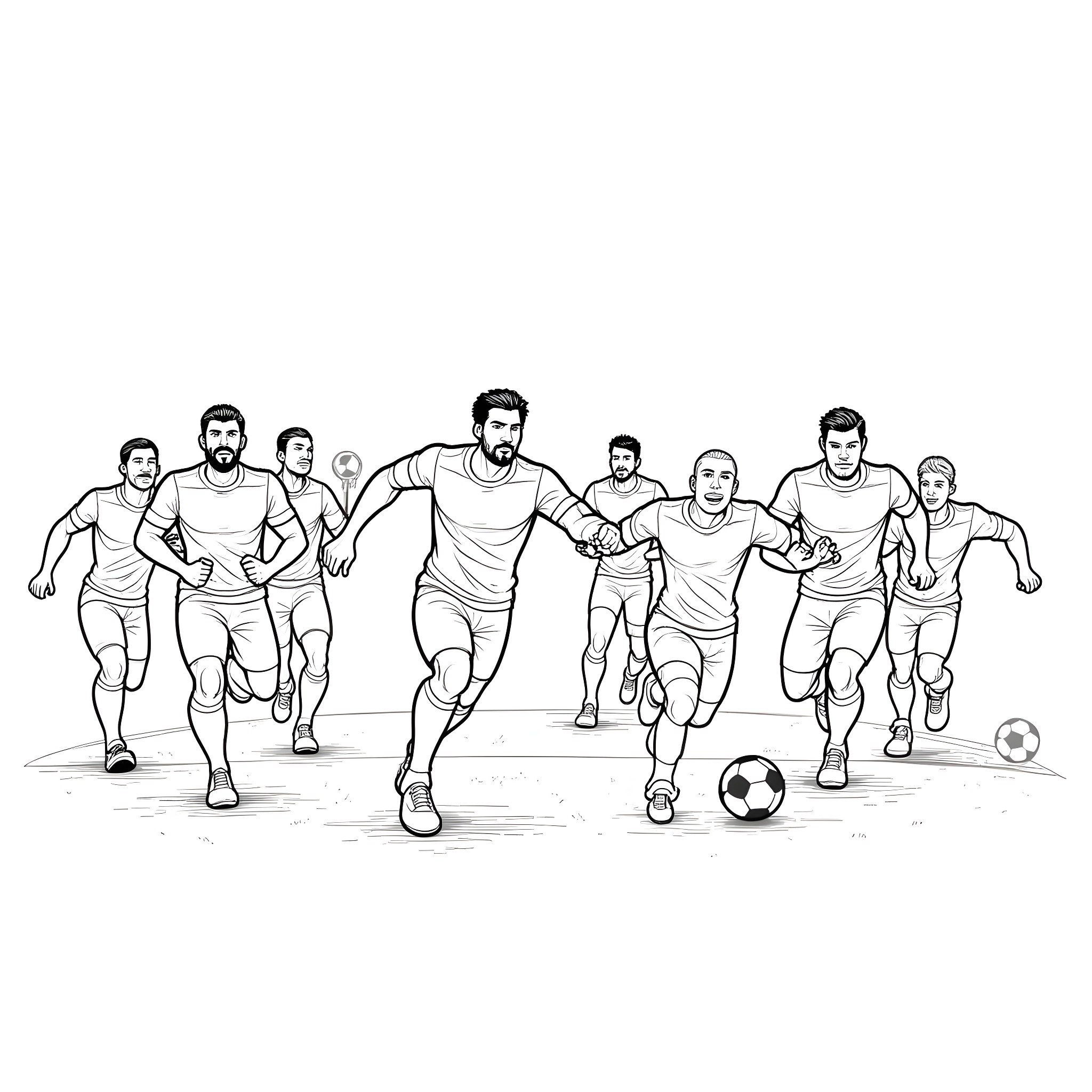 Soccer Team Playing on the Field Coloring Page (free black-and-white line drawing printable PDF for all, from beginners to advanced learners, including children, teens, adults, and seniors)
