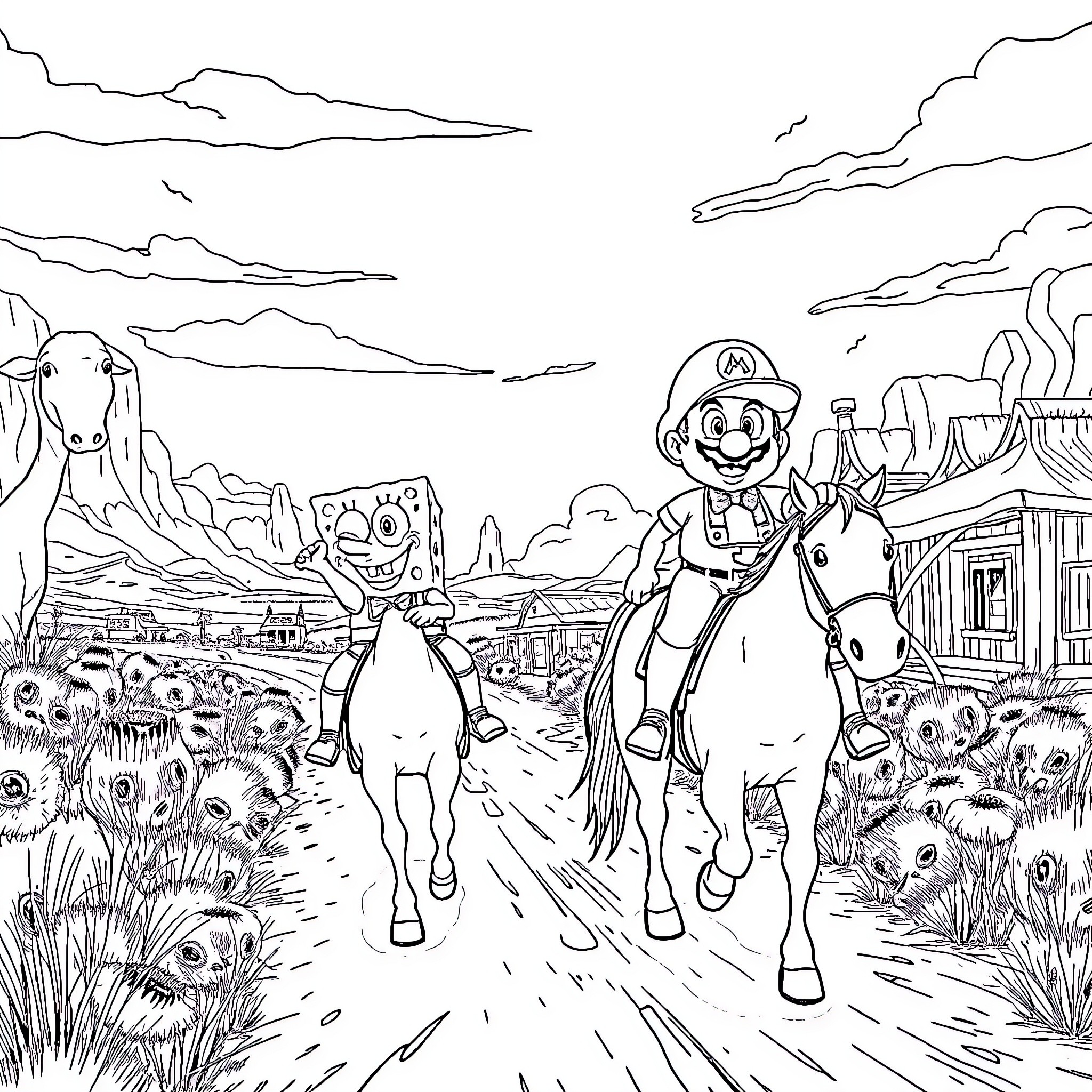Spongebob riding horse through Western-themed landscape Coloring Page (free black-and-white line drawing printable PDF for all, from beginners to advanced learners, including children, teens, adults, and seniors)