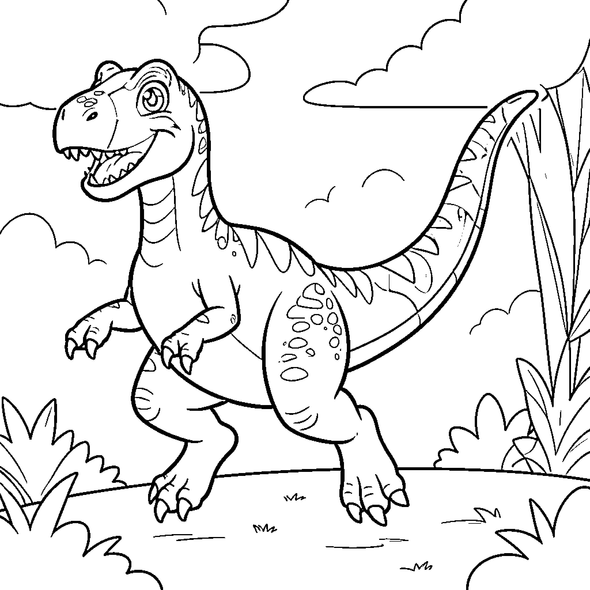 Dinosaur exploring the prehistoric landscape Coloring Page (free black-and-white line drawing printable PDF for all, from beginners to advanced learners, including children, teens, adults, and seniors)
