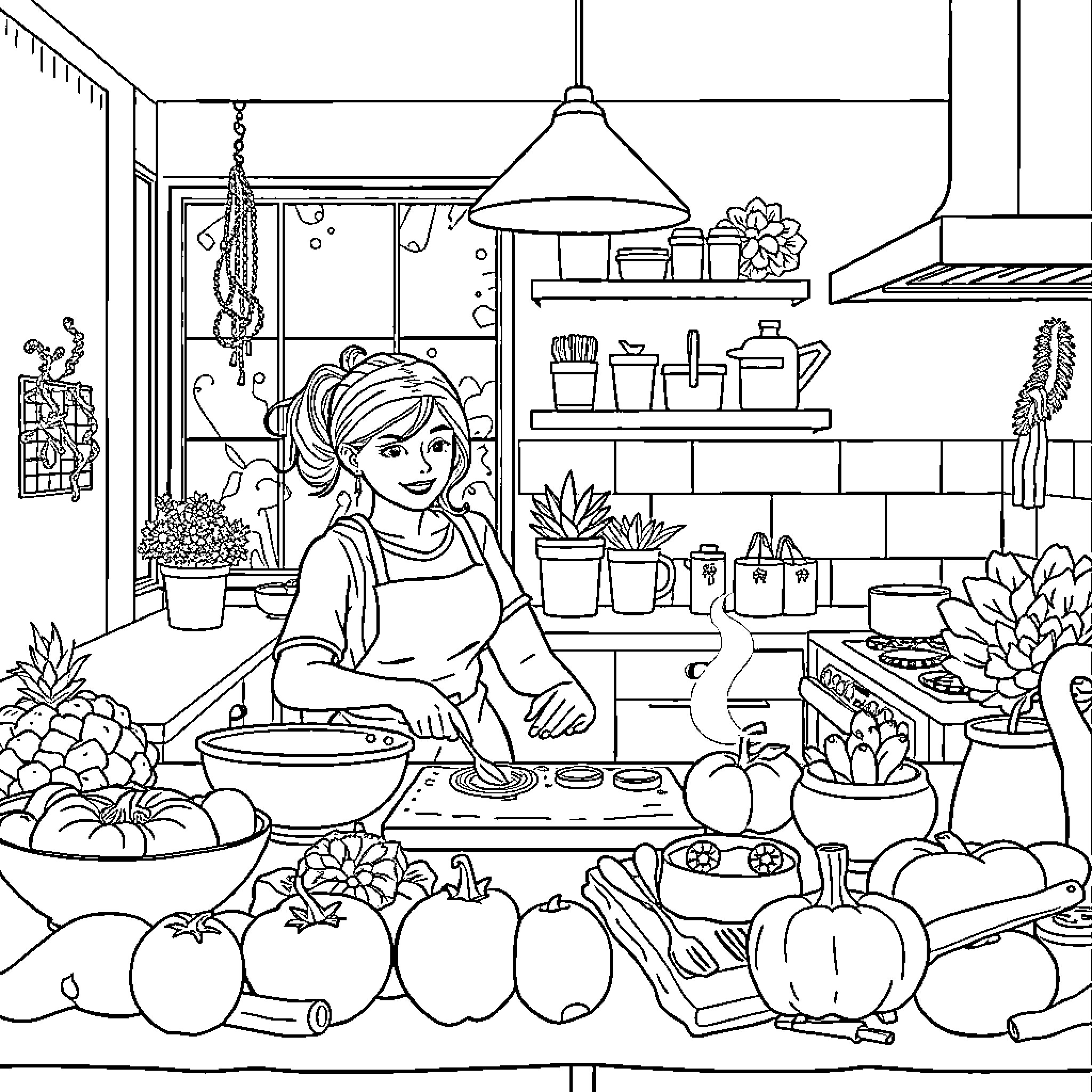 Cooking in a cozy kitchen with plants and produce Coloring Page (free black-and-white line drawing printable PDF for all, from beginners to advanced learners, including children, teens, adults, and seniors)