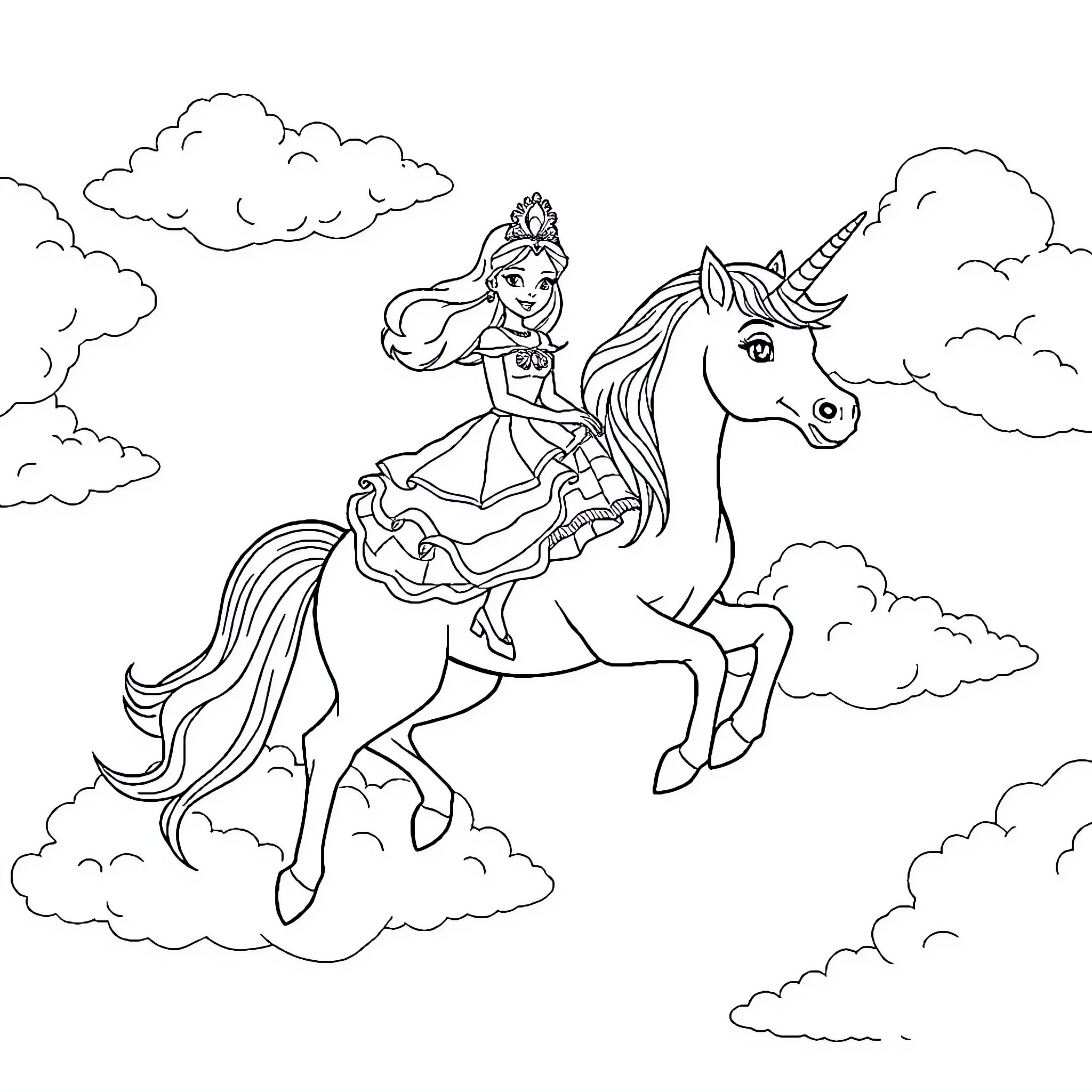 Princess riding a magical unicorn in the clouds Coloring Page (free black-and-white line drawing printable PDF for all, from beginners to advanced learners, including children, teens, adults, and seniors)