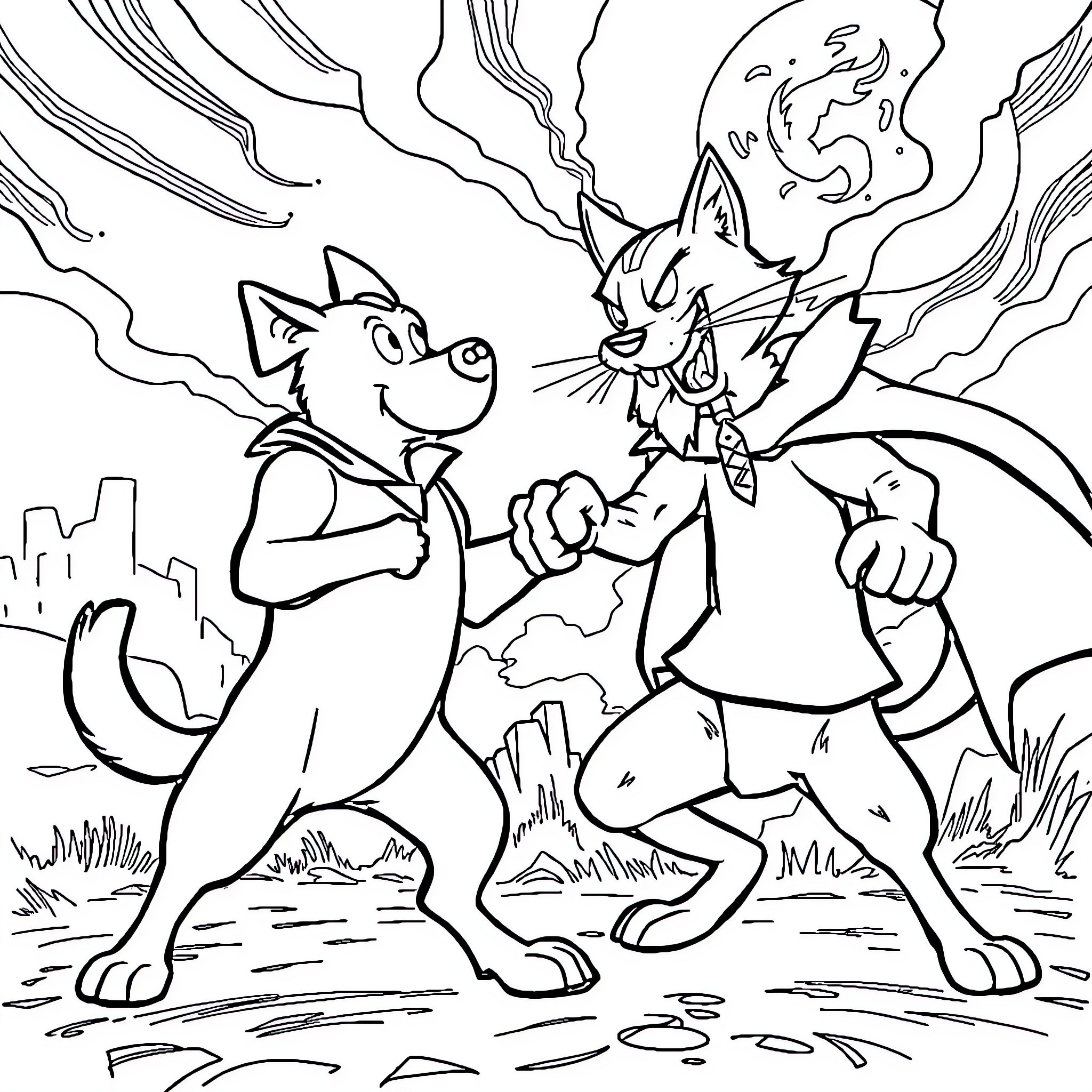 Dogman battle in the city Coloring Page (free black-and-white line drawing printable PDF for all, from beginners to advanced learners, including children, teens, adults, and seniors)