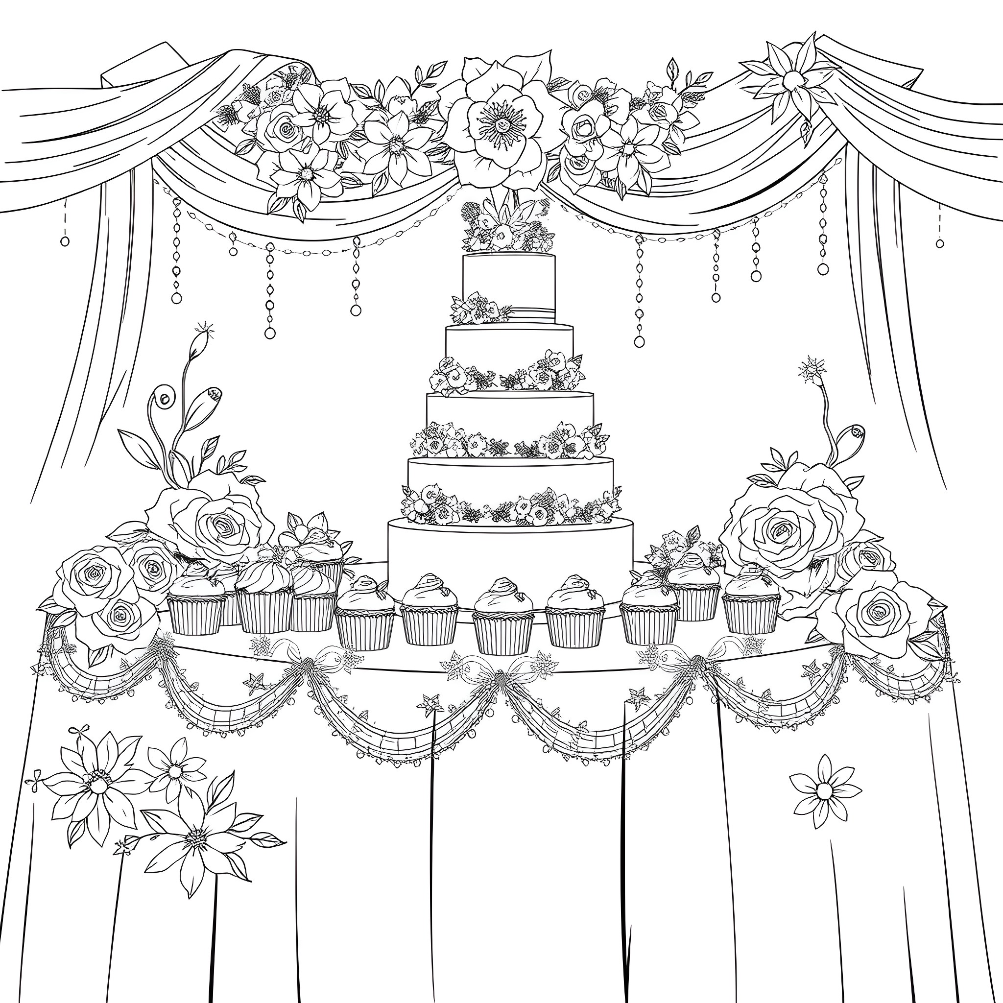 Cake decorated with flowers and surrounded by cupcakes Coloring Page (free black-and-white line drawing printable PDF for all, from beginners to advanced learners, including children, teens, adults, and seniors)