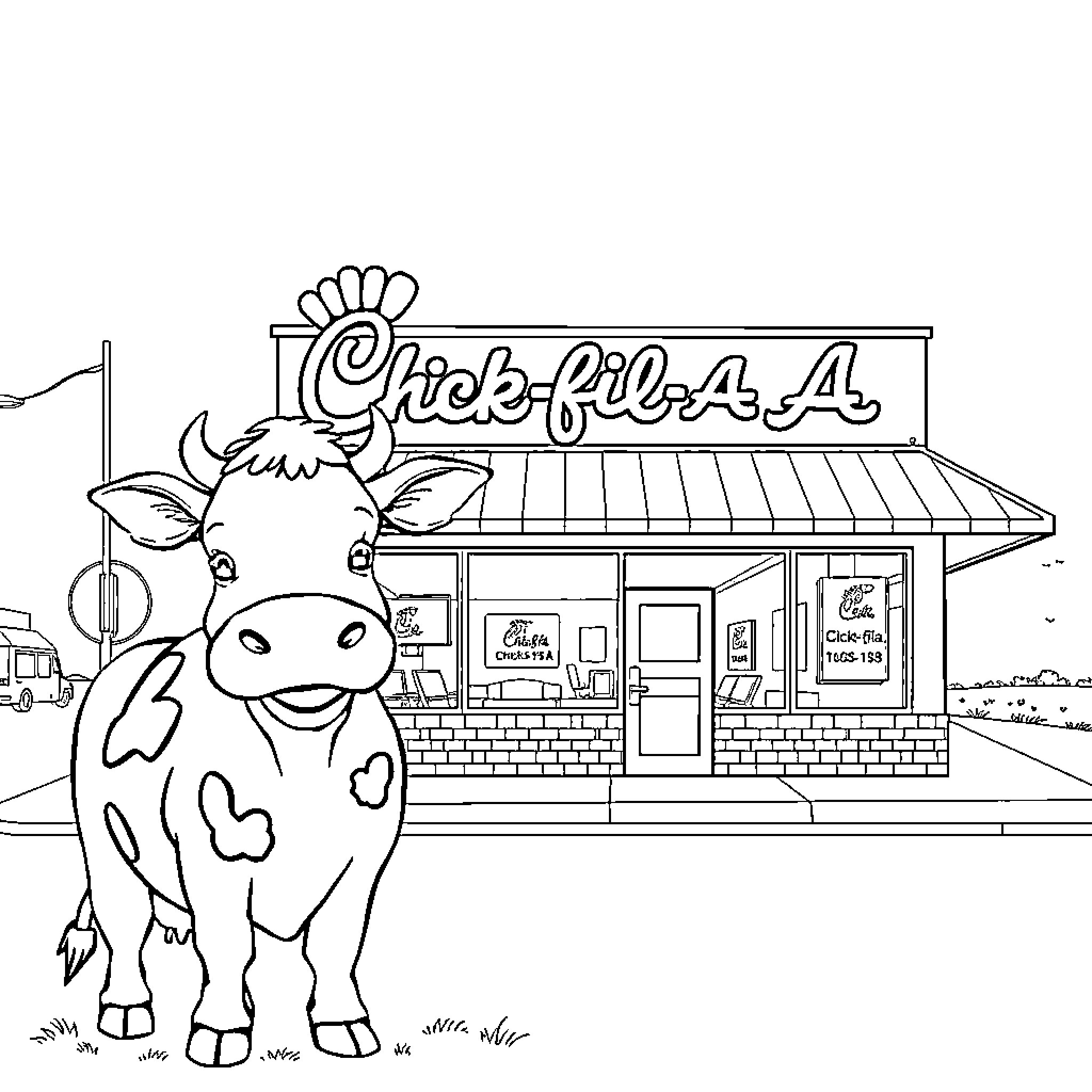 Cow standing outside Chick-fil-A restaurant Coloring Page (free black-and-white line drawing printable PDF for all, from beginners to advanced learners, including children, teens, adults, and seniors)