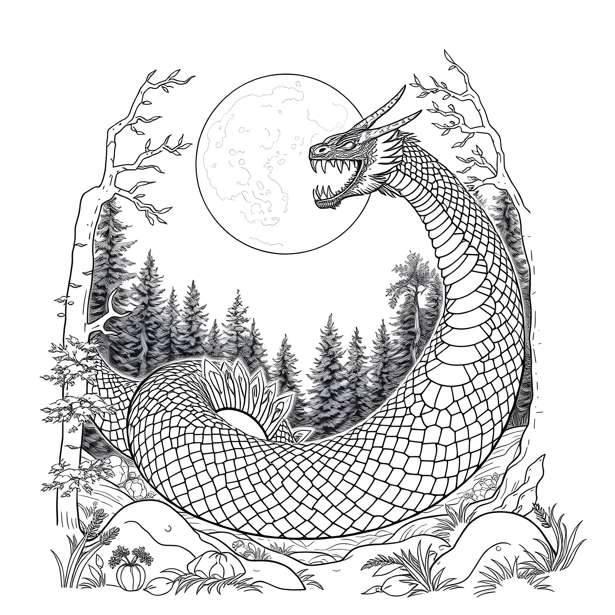 Uktena Serpent Emerging from the Forest Coloring Page (free black-and-white line drawing printable PDF for all, from beginners to advanced learners, including children, teens, adults, and seniors)
