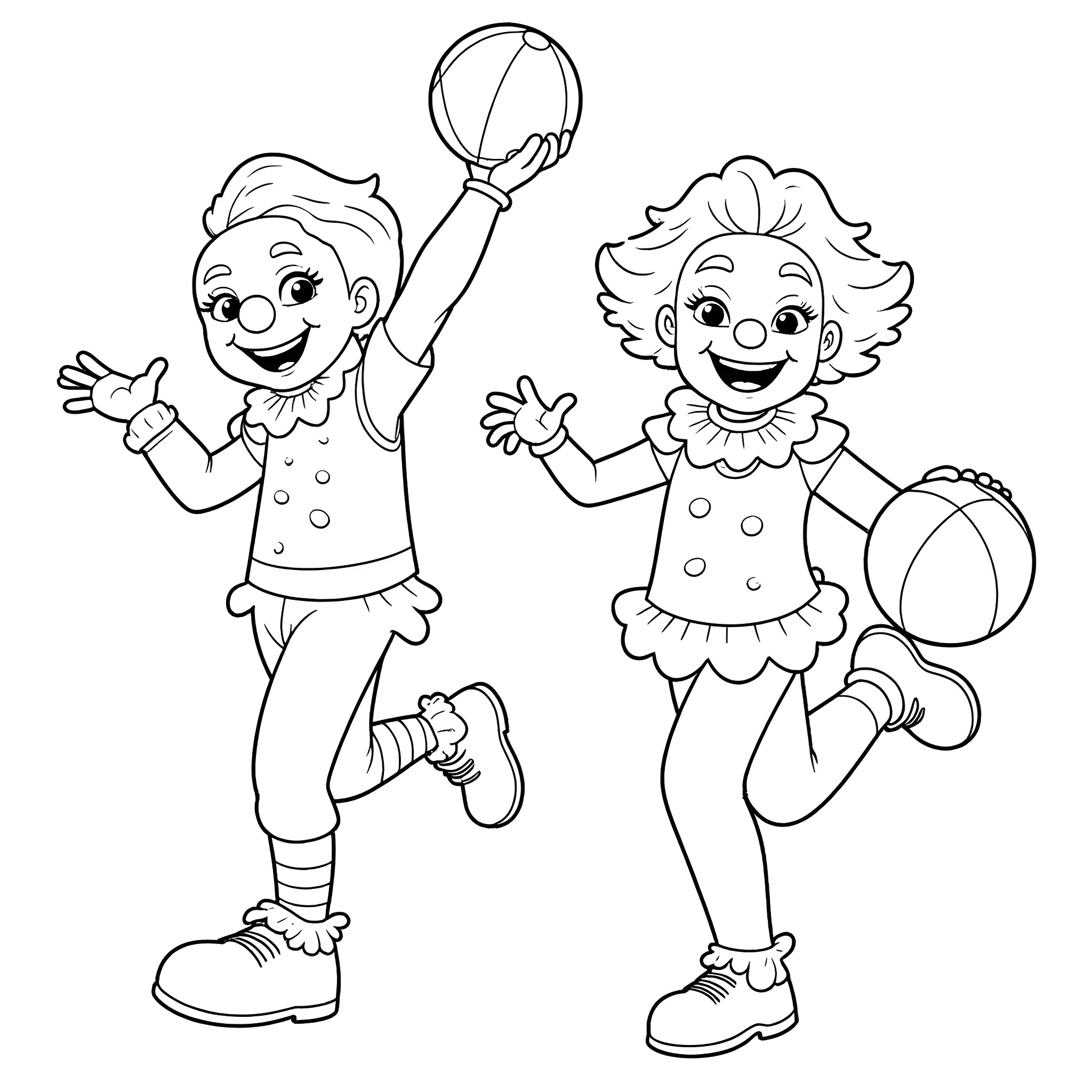 Clown duo playing with ball and having fun Coloring Page (free black-and-white line drawing printable PDF for all, from beginners to advanced learners, including children, teens, adults, and seniors)