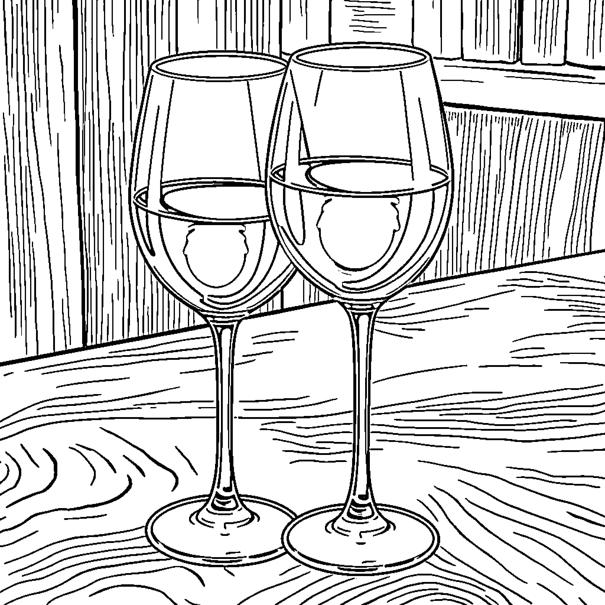 Wine Glass Pair on Wooden Table Coloring Page (free black-and-white line drawing printable PDF for all, from beginners to advanced learners, including children, teens, adults, and seniors)