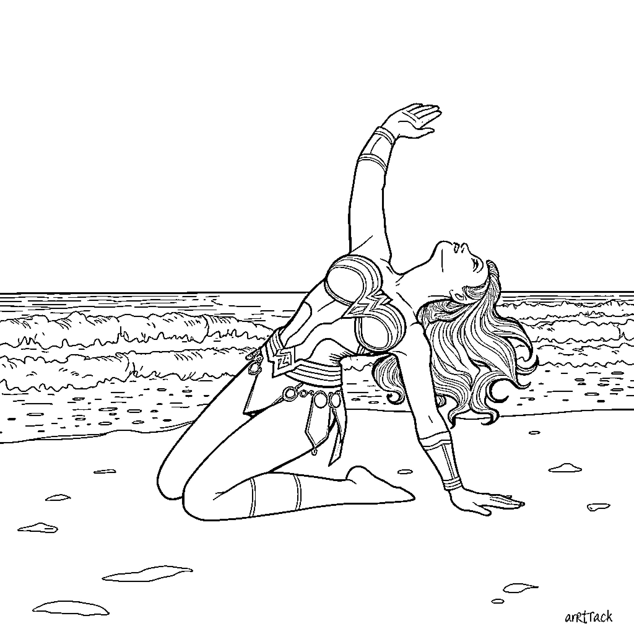 Wonder Woman striking a heroic pose on the beach Coloring Page (free black-and-white line drawing printable PDF for all, from beginners to advanced learners, including children, teens, adults, and seniors)