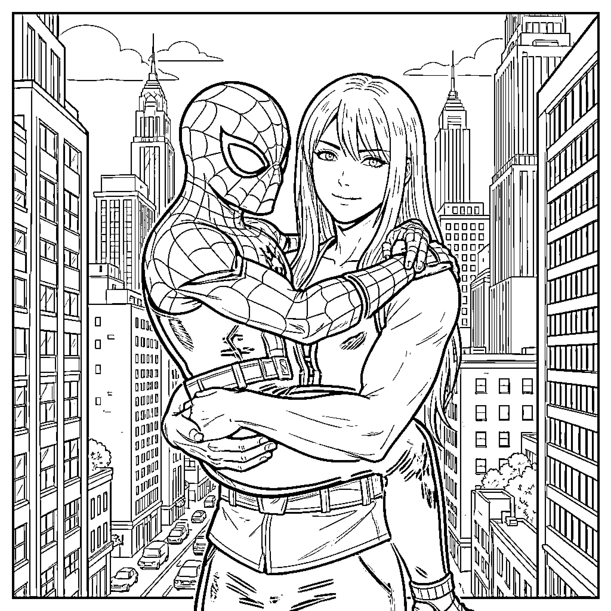 Spiderman and woman in city embrace Coloring Page (free black-and-white line drawing printable PDF for all, from beginners to advanced learners, including children, teens, adults, and seniors)