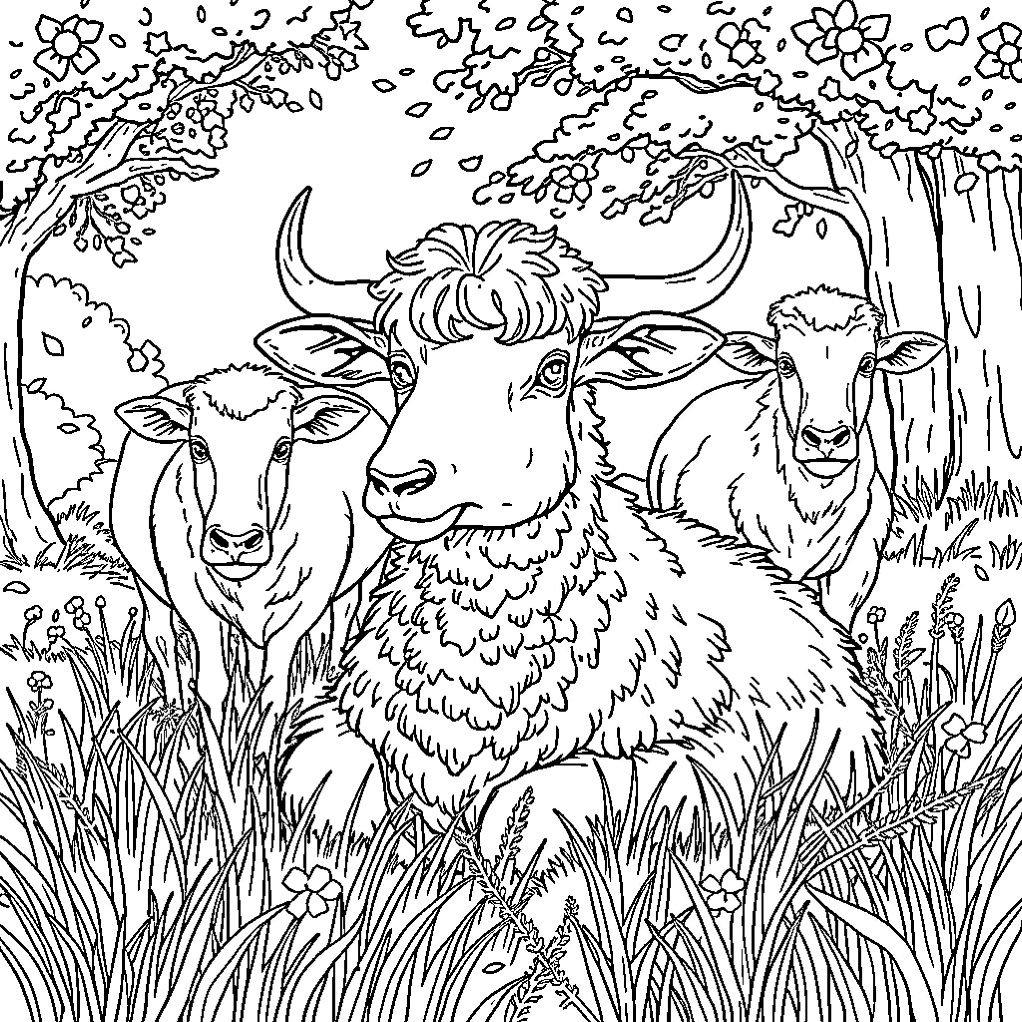 Oeuf Animals in Idyllic Pastoral Scene Coloring Page (free black-and-white line drawing printable PDF for all, from beginners to advanced learners, including children, teens, adults, and seniors)