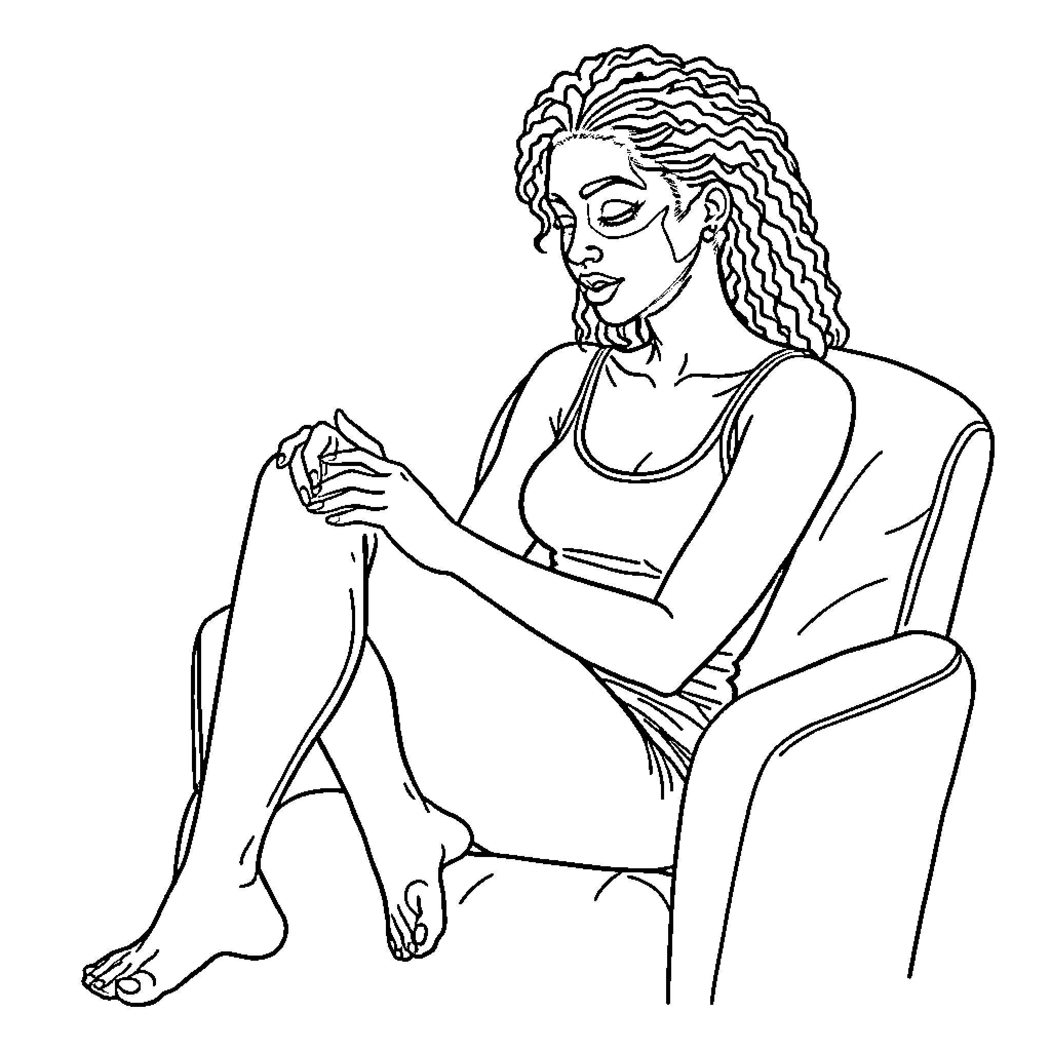 Woman relaxing and reflecting Coloring Page (free black-and-white line drawing printable PDF for all, from beginners to advanced learners, including children, teens, adults, and seniors)