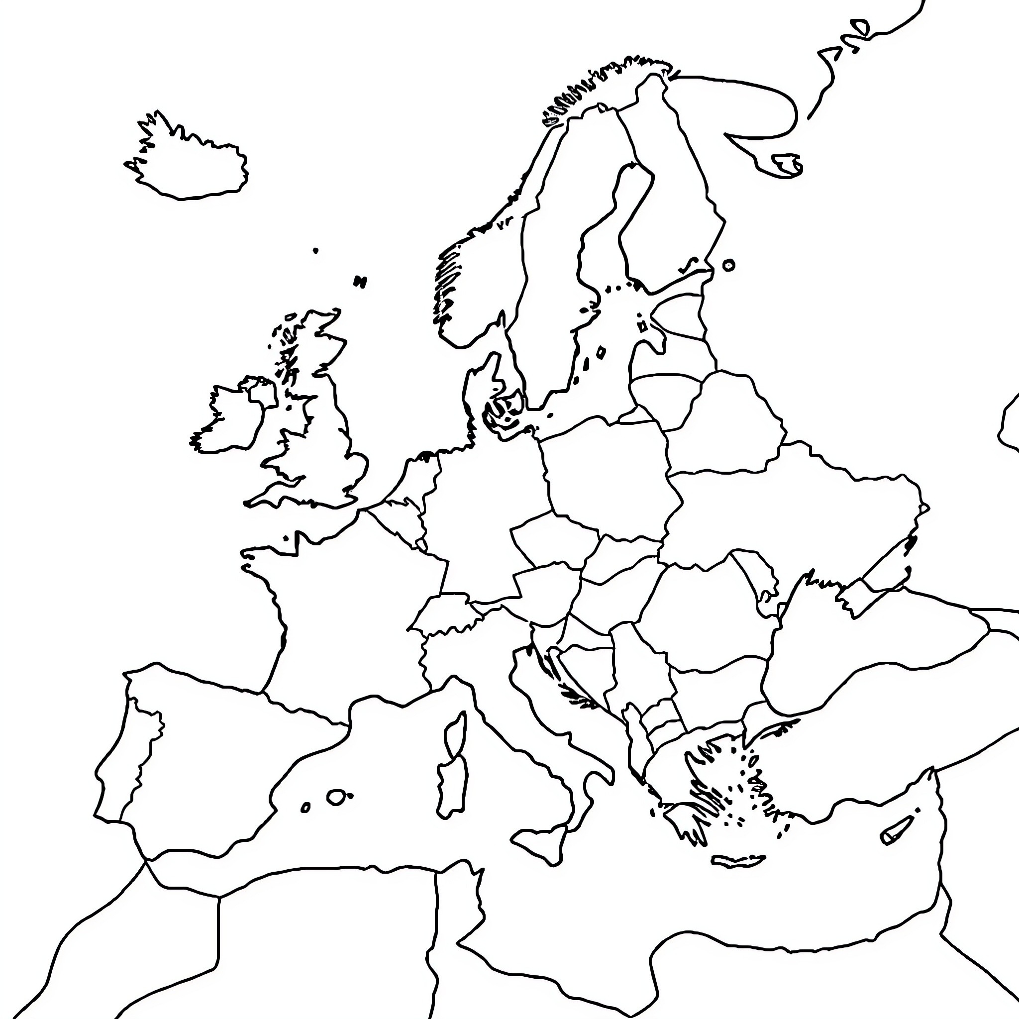 Map of European countries in outline Coloring Page (free black-and-white line drawing printable PDF for all, from beginners to advanced learners, including children, teens, adults, and seniors)