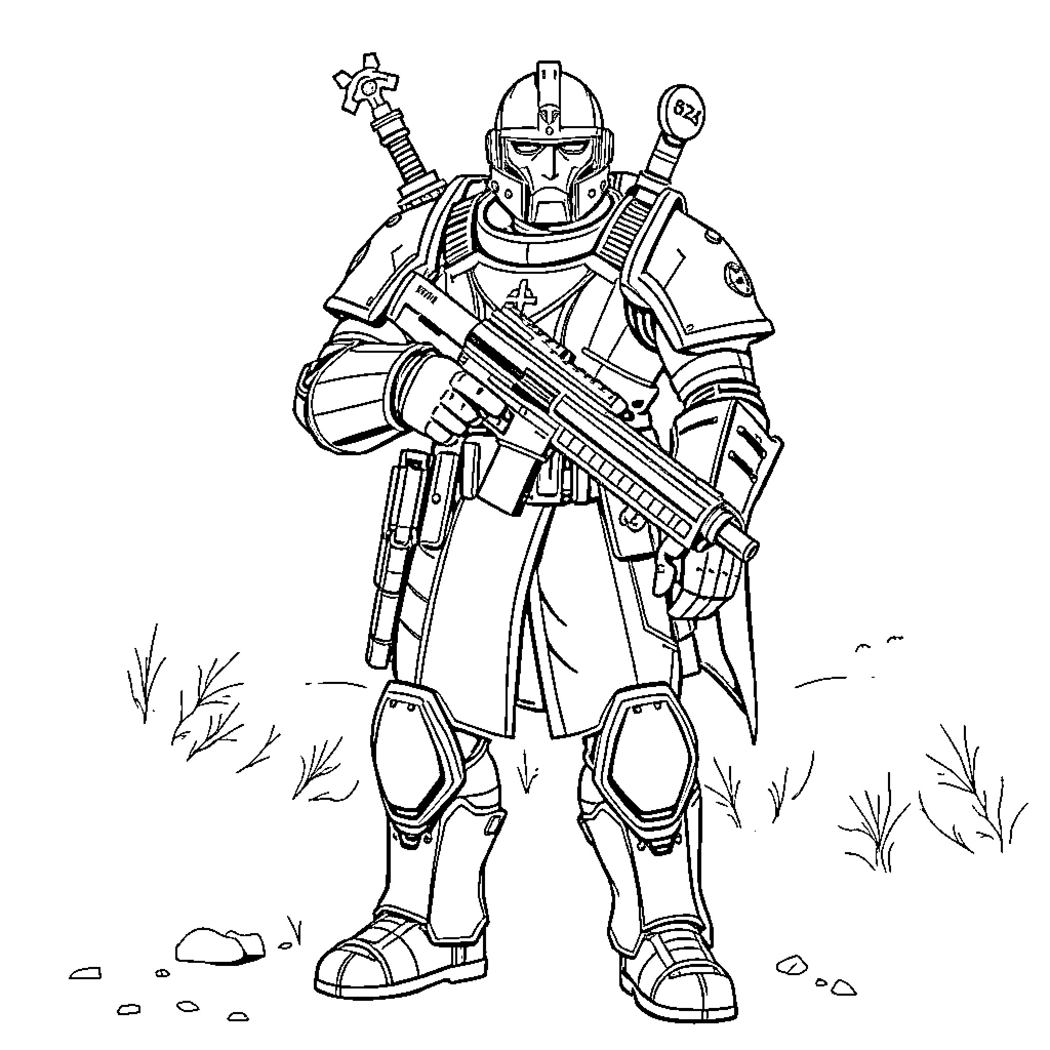 Brotherhood Soldier in Tactical Gear Wielding Weapon Coloring Page (free black-and-white line drawing printable PDF for all, from beginners to advanced learners, including children, teens, adults, and seniors)