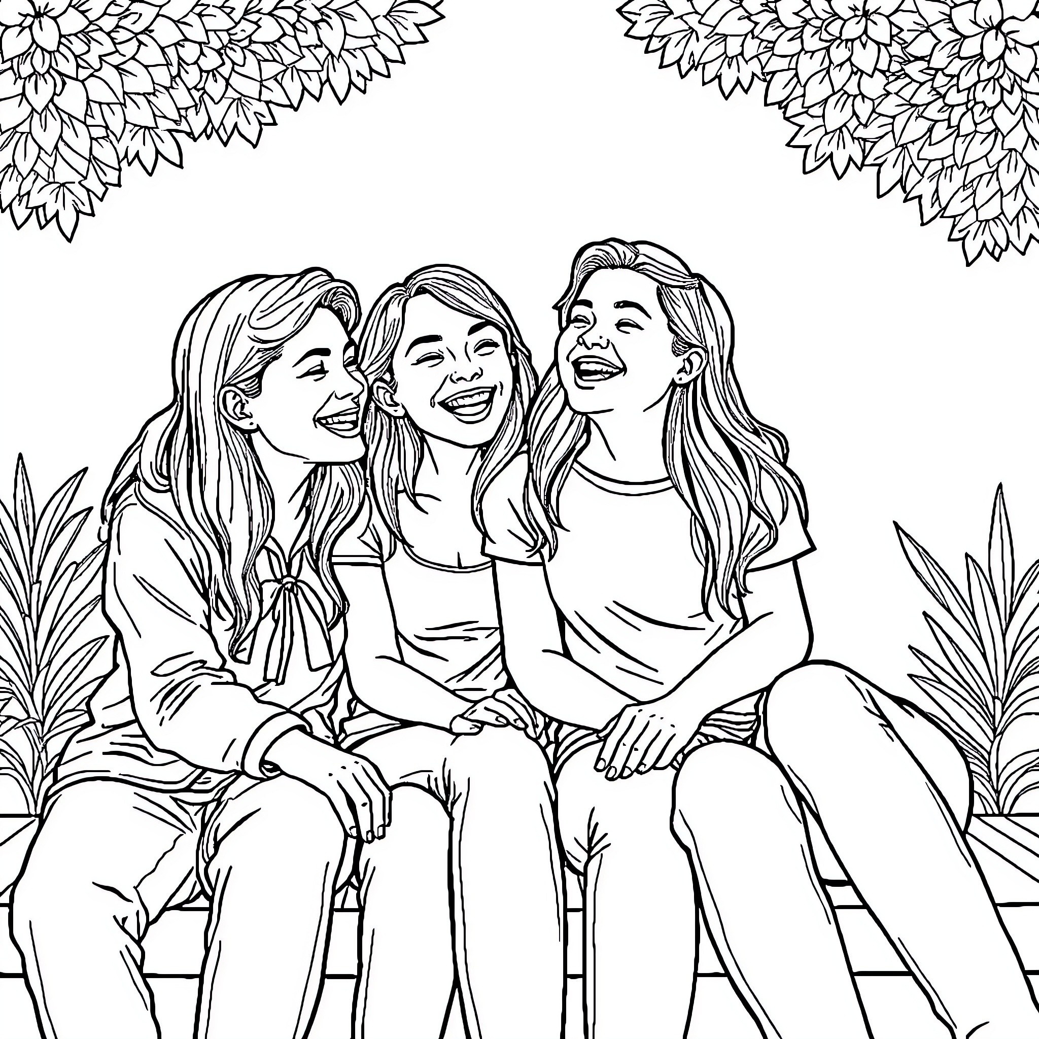 Friends enjoying a joyful moment together Coloring Page (free black-and-white line drawing printable PDF for all, from beginners to advanced learners, including children, teens, adults, and seniors)