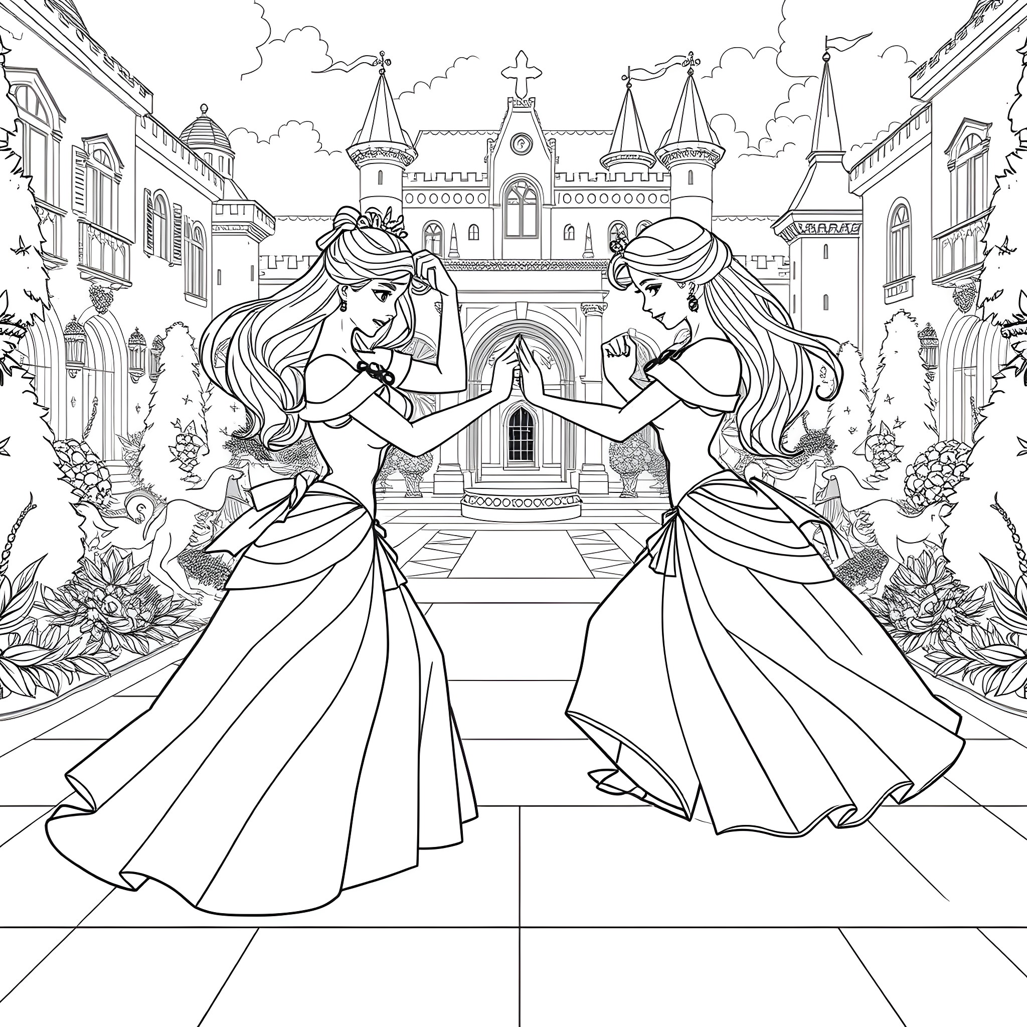 Princess Dances in a Royal Palace Garden Coloring Page (free black-and-white line drawing printable PDF for all, from beginners to advanced learners, including children, teens, adults, and seniors)