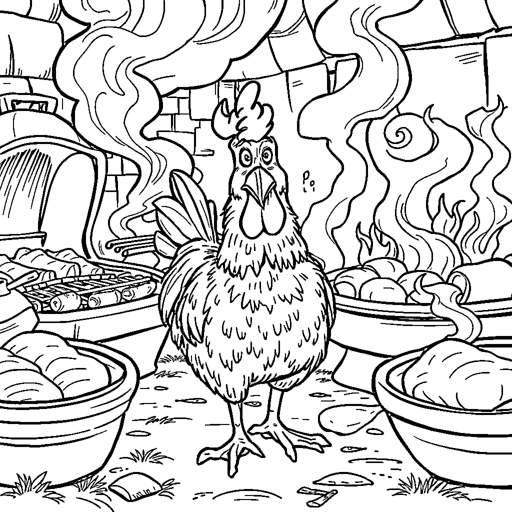 Chicken in a Chaotic Kitchen Scene Coloring Page (free black-and-white line drawing printable PDF for all, from beginners to advanced learners, including children, teens, adults, and seniors)