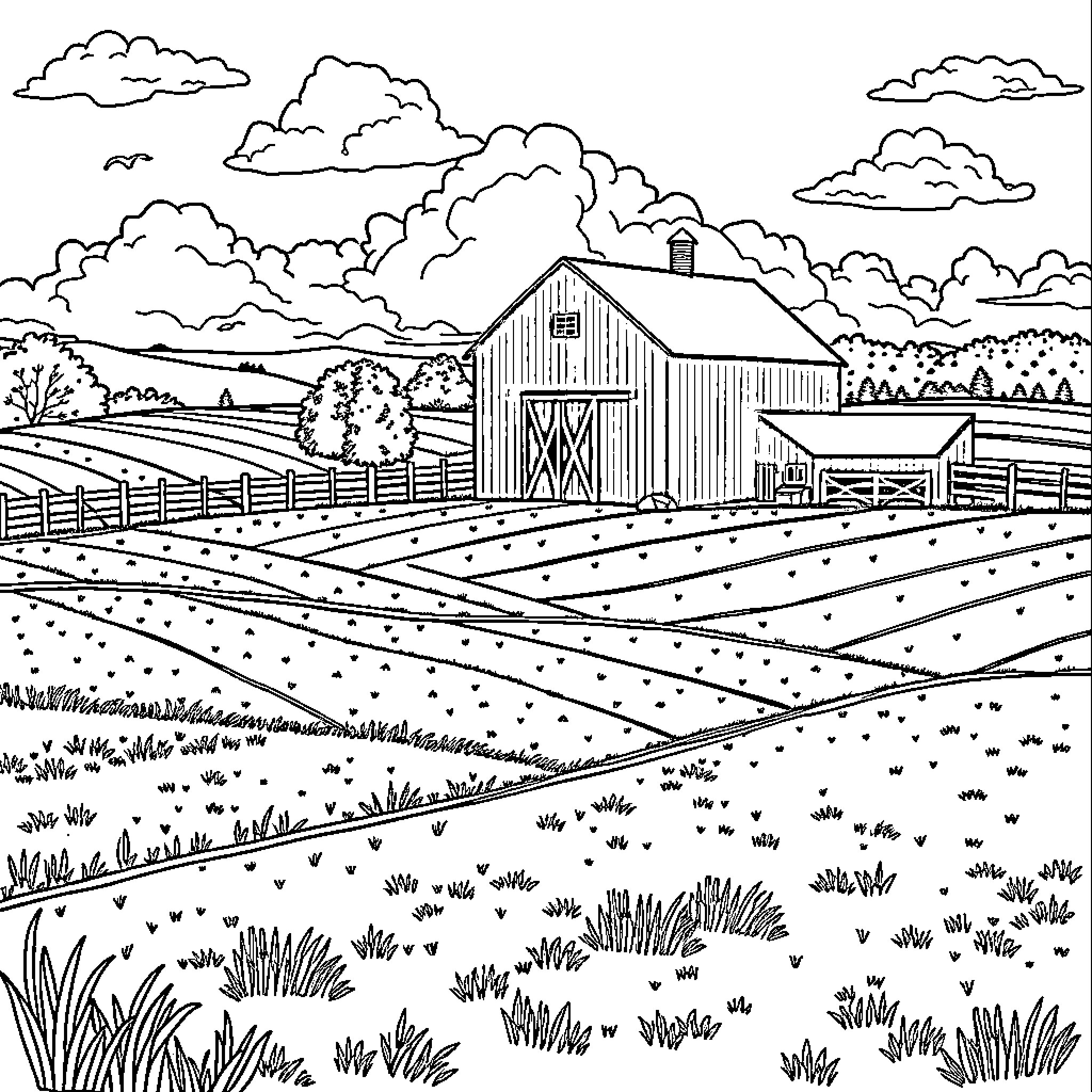 Farm Scene with Barn and Countryside Landscape Coloring Page (free black-and-white line drawing printable PDF for all, from beginners to advanced learners, including children, teens, adults, and seniors)