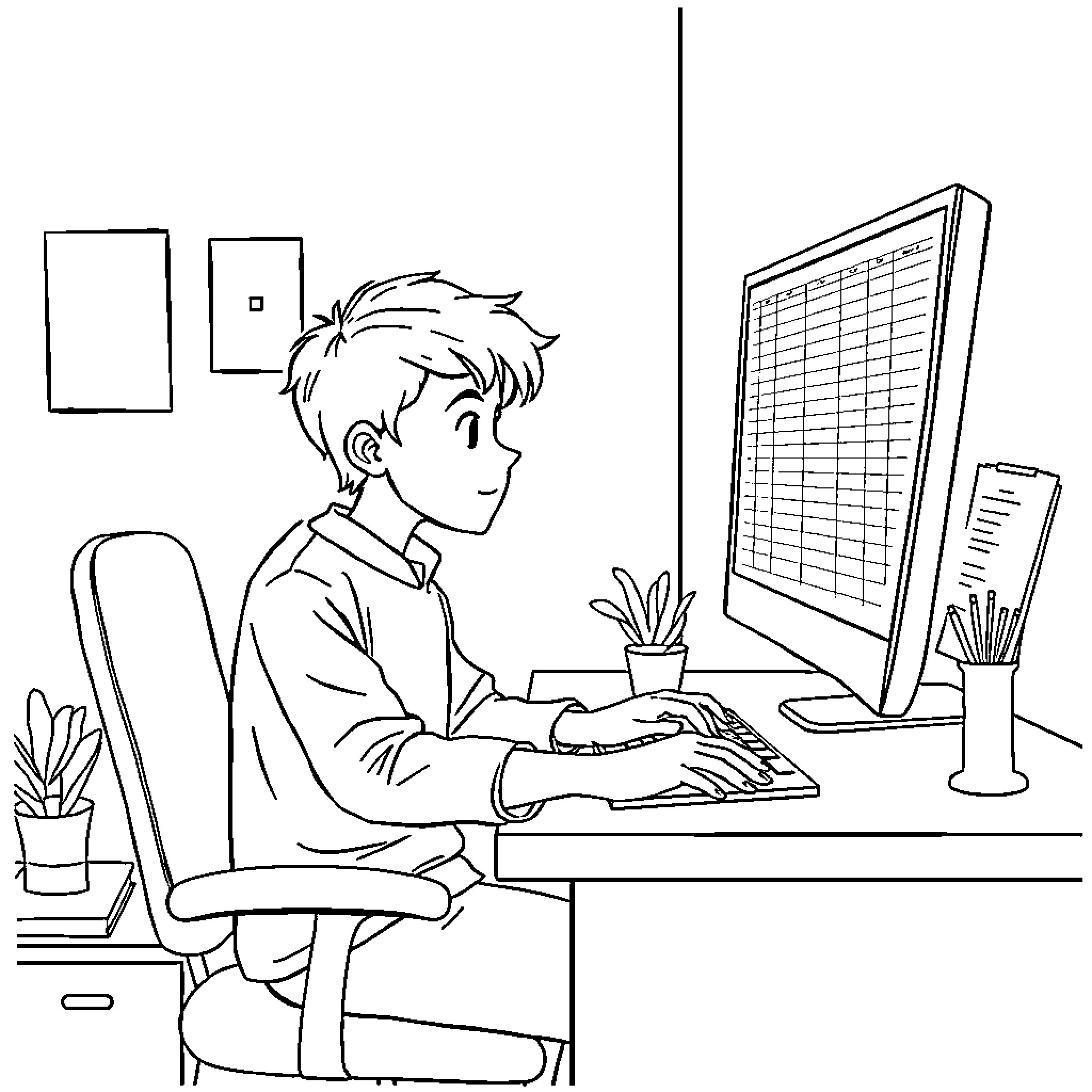 Excel at Spreadsheet Work in Office Setting Coloring Page (free black-and-white line drawing printable PDF for all, from beginners to advanced learners, including children, teens, adults, and seniors)